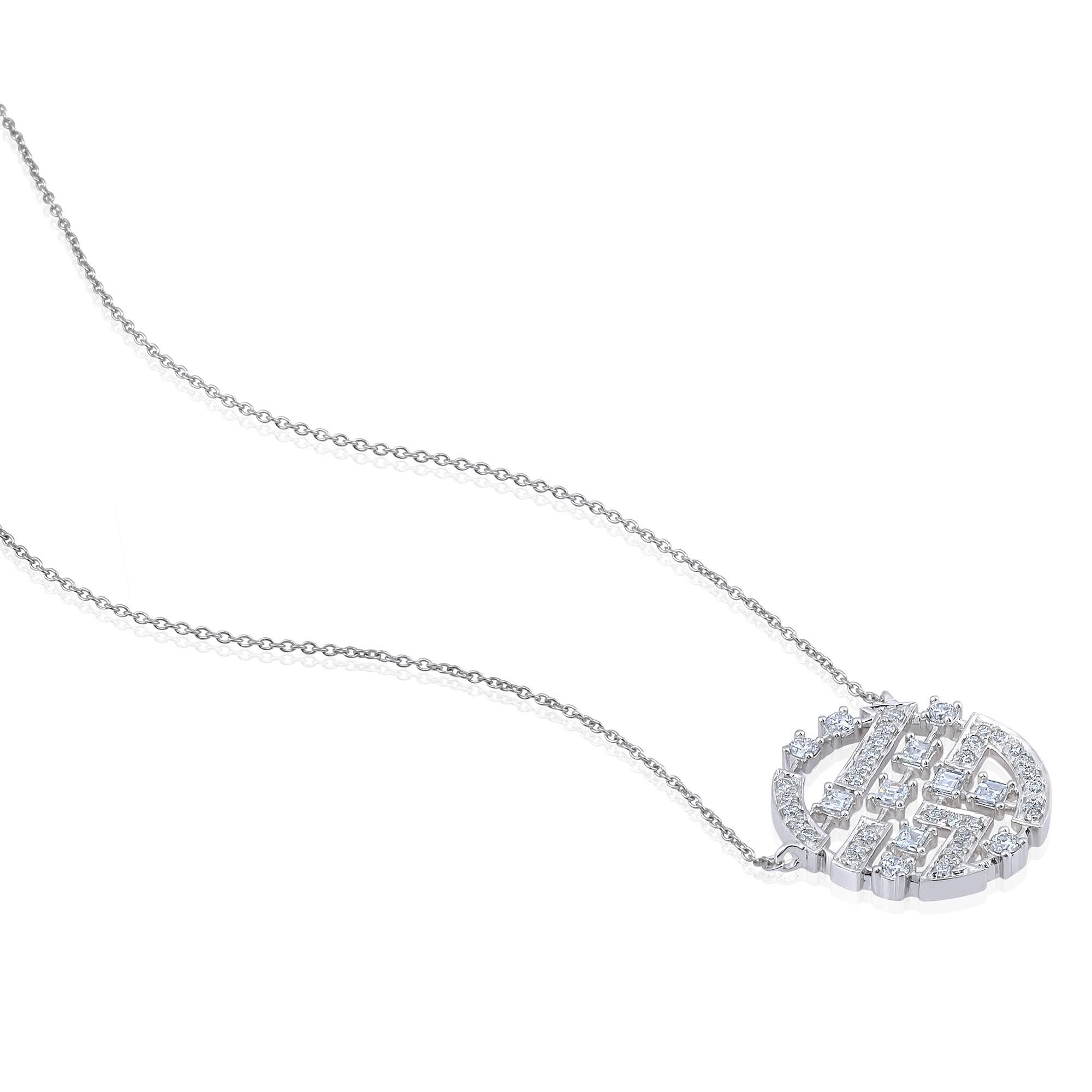 Crafted in 8.55 grams of 14-karat White Gold, The Galette Necklace & Stud Earrings Jewelry Set contains 84 Stones of Round Diamonds with a total of 0.79-Carats in F-G Color and VVS-VS Clarity combined with 10 Stones of Baguette Diamonds with a total