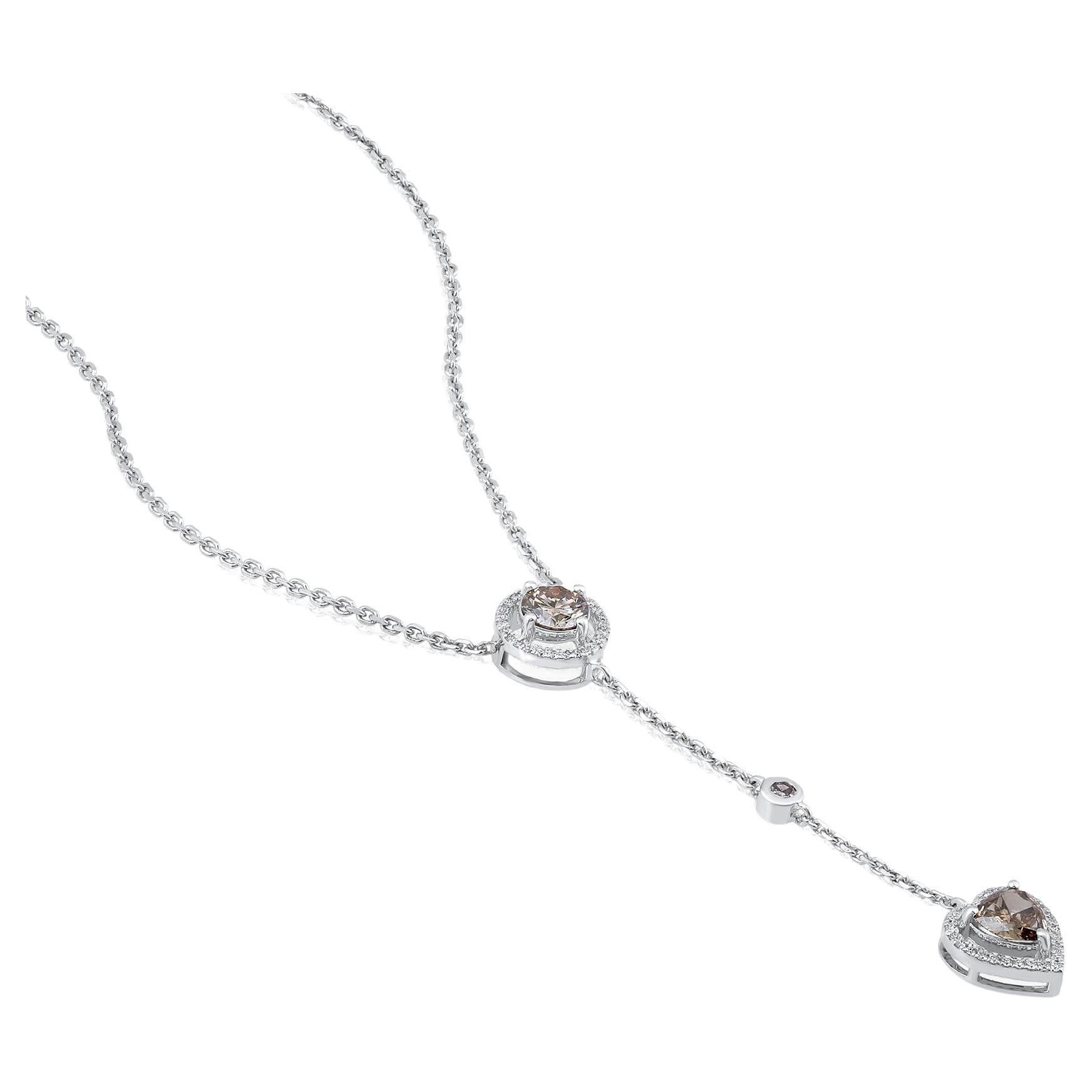 GSI Certified 14k Gold 1.2ct Natural Diamond Heart Ball Lariat Y Drop Necklace For Sale