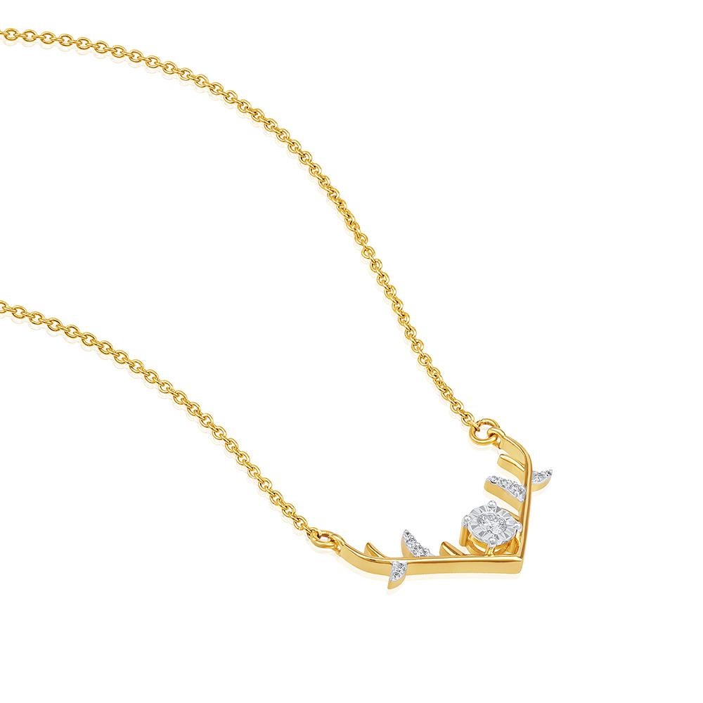 Brilliant Cut GSI Certified 14k Gold Natural Diamond E-VS Leaf Branch V Stackable Necklace For Sale