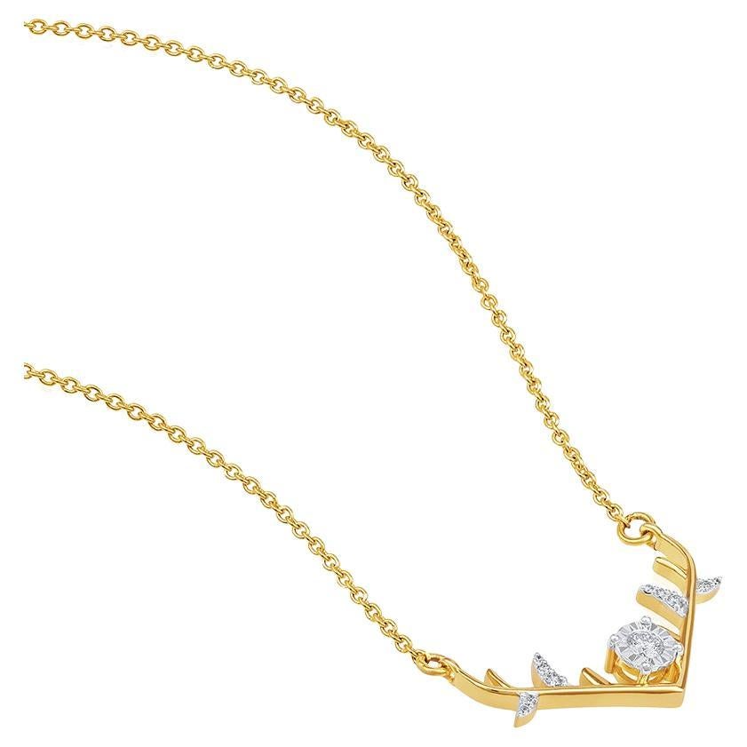 GSI Certified 14k Gold Natural Diamond E-VS Leaf Branch V Stackable Necklace For Sale