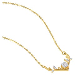 GSI Certified 14k Gold Natural Diamond E-VS Leaf Branch V Stackable Necklace