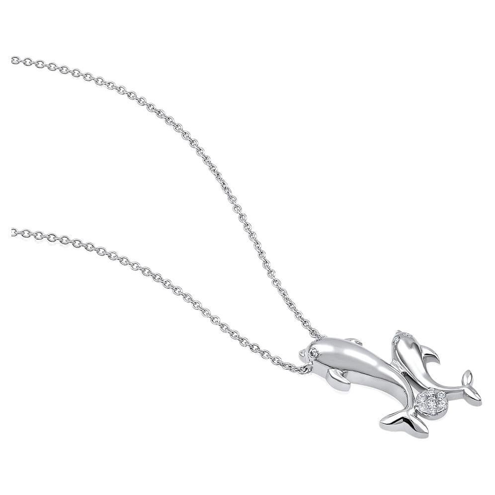 GSI Certified 14k Gold Natural Diamond F-VS Mother Daughter Dolphin Necklace For Sale