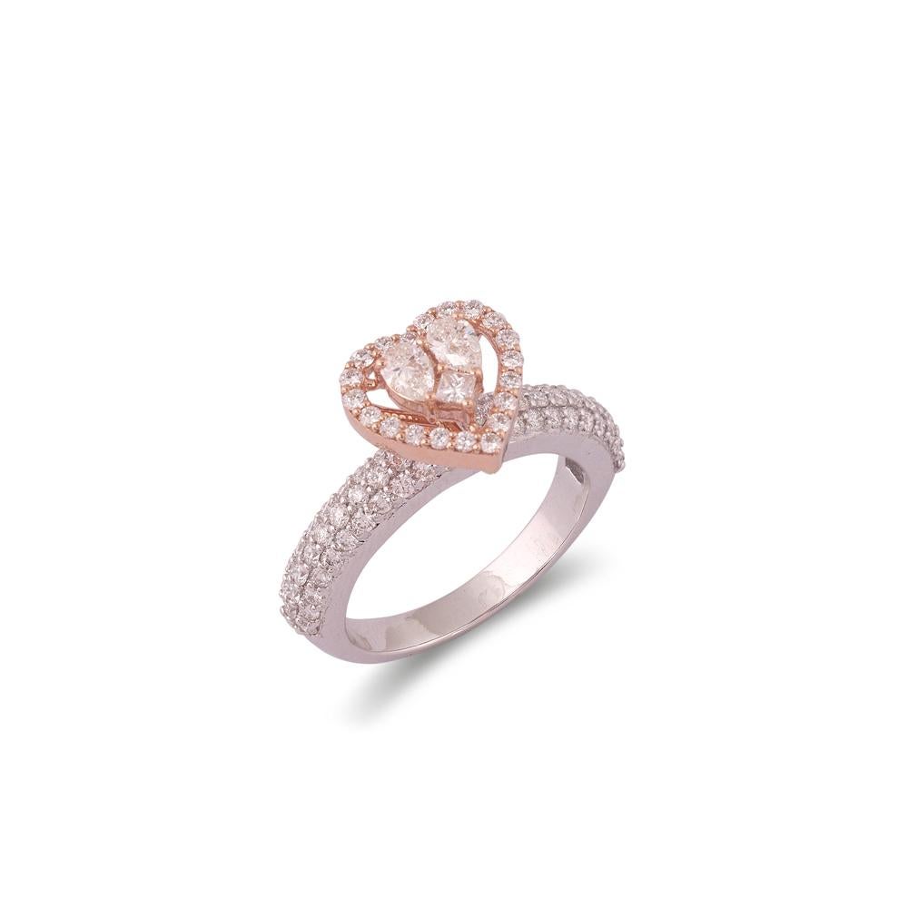 Crafted in 5.47 grams of 18-karat Rose Gold, The Apparatus Ring contains 86 Stones of Round Diamonds with a total of 0.91-Carats in E-F-G Color and VVS-VS Clarity combined with 2 Stones of Pear Diamonds with a total of 0.24-Carats in E-F-G Color and