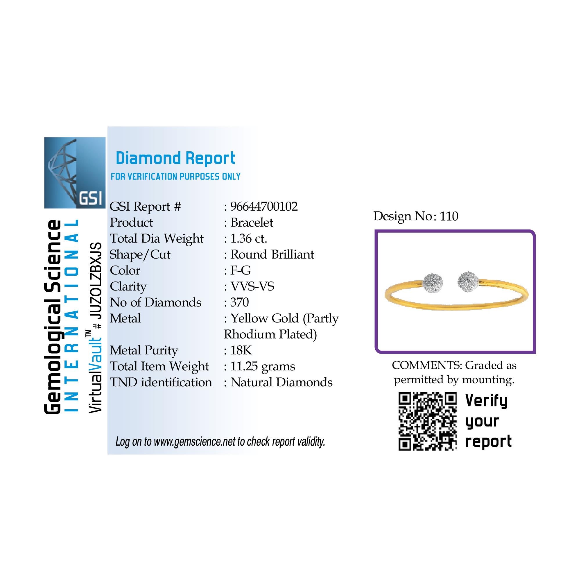 GSI-zertifizierter offener Armreif aus 18 Karat Gold mit 1,4 Karat natürlichem Diamanten F-VVS im Zustand „Neu“ im Angebot in Los Angeles, CA