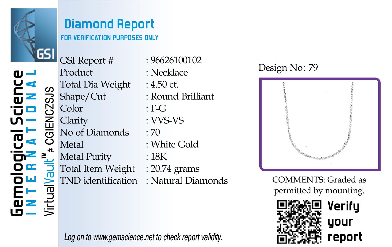 GSI zertifizierte 18 Karat Weißgold 4,5 Karat natürliche Diamant F-VVS Hochzeits-Tennis-Halskette im Zustand „Neu“ im Angebot in Los Angeles, CA