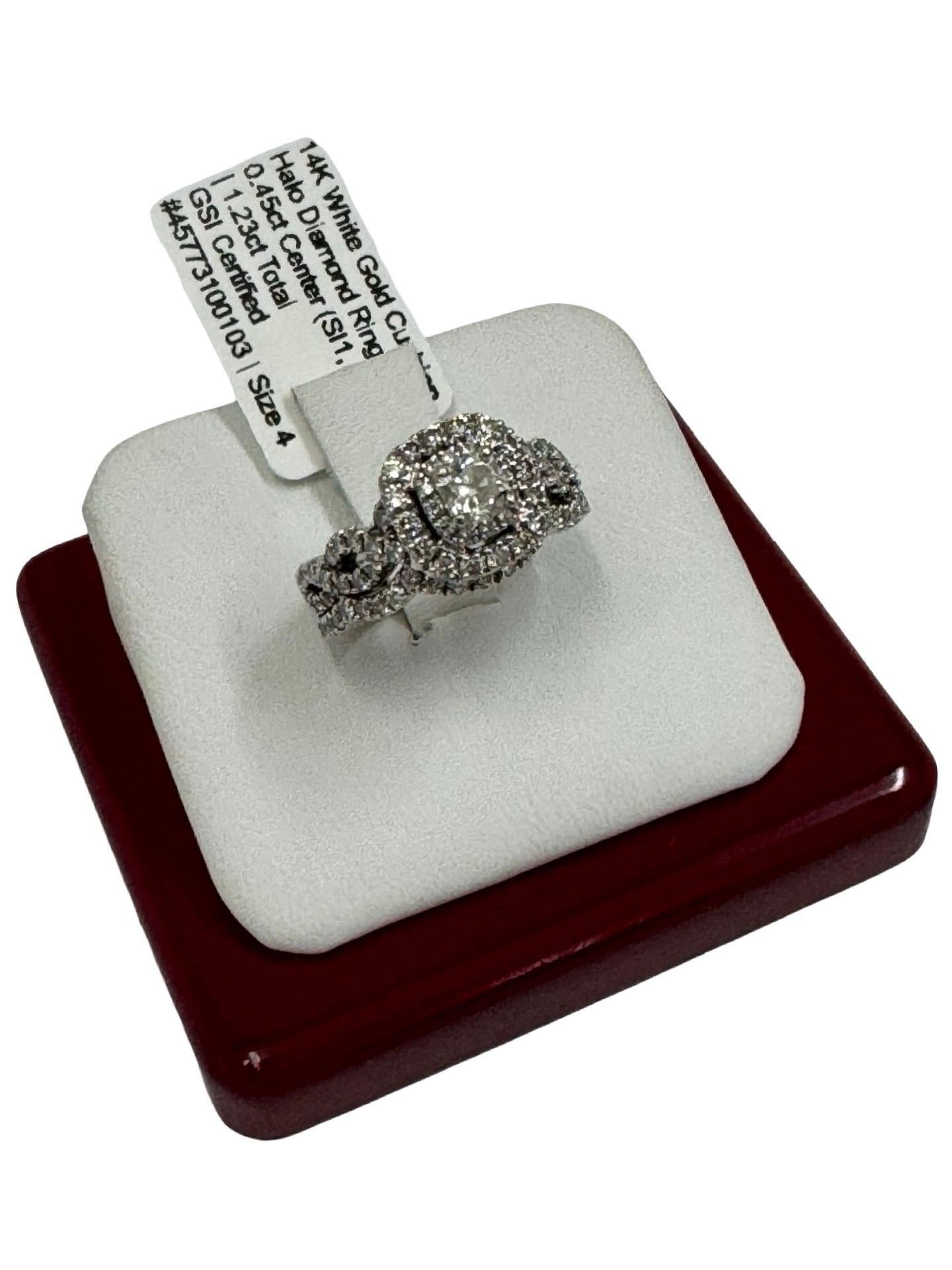 Anillo halo de diamantes talla cojín con certificado GSI, oro blanco de 14 quilates, 1,23 ct Corte cojín en venta
