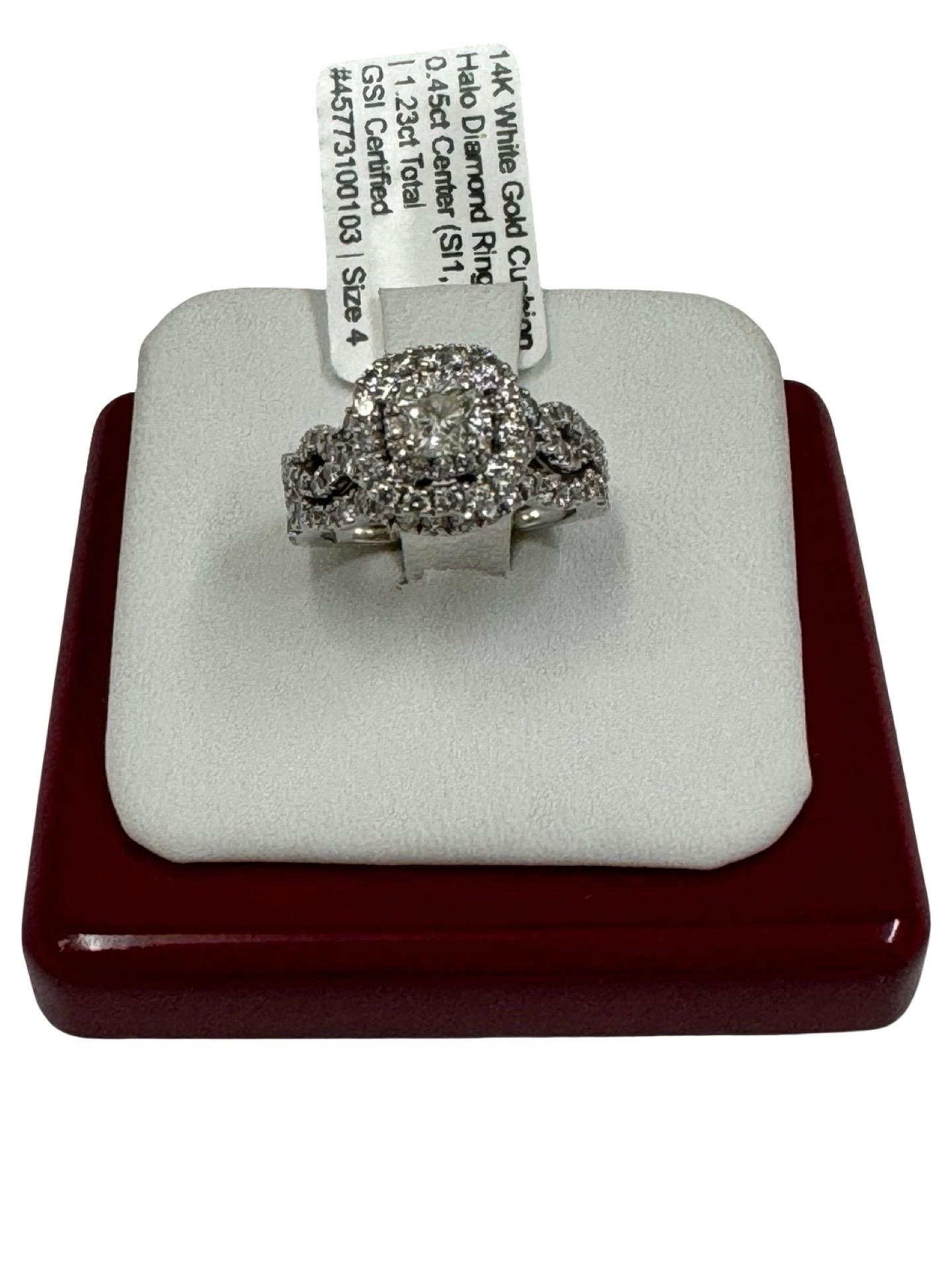 Anillo halo de diamantes talla cojín con certificado GSI, oro blanco de 14 quilates, 1,23 ct en Excelente estado para la venta en Miami, FL