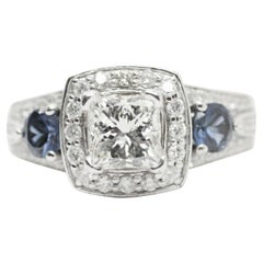 GSI Certified Princess Cut Diamond with Halo and Sapphire Ring