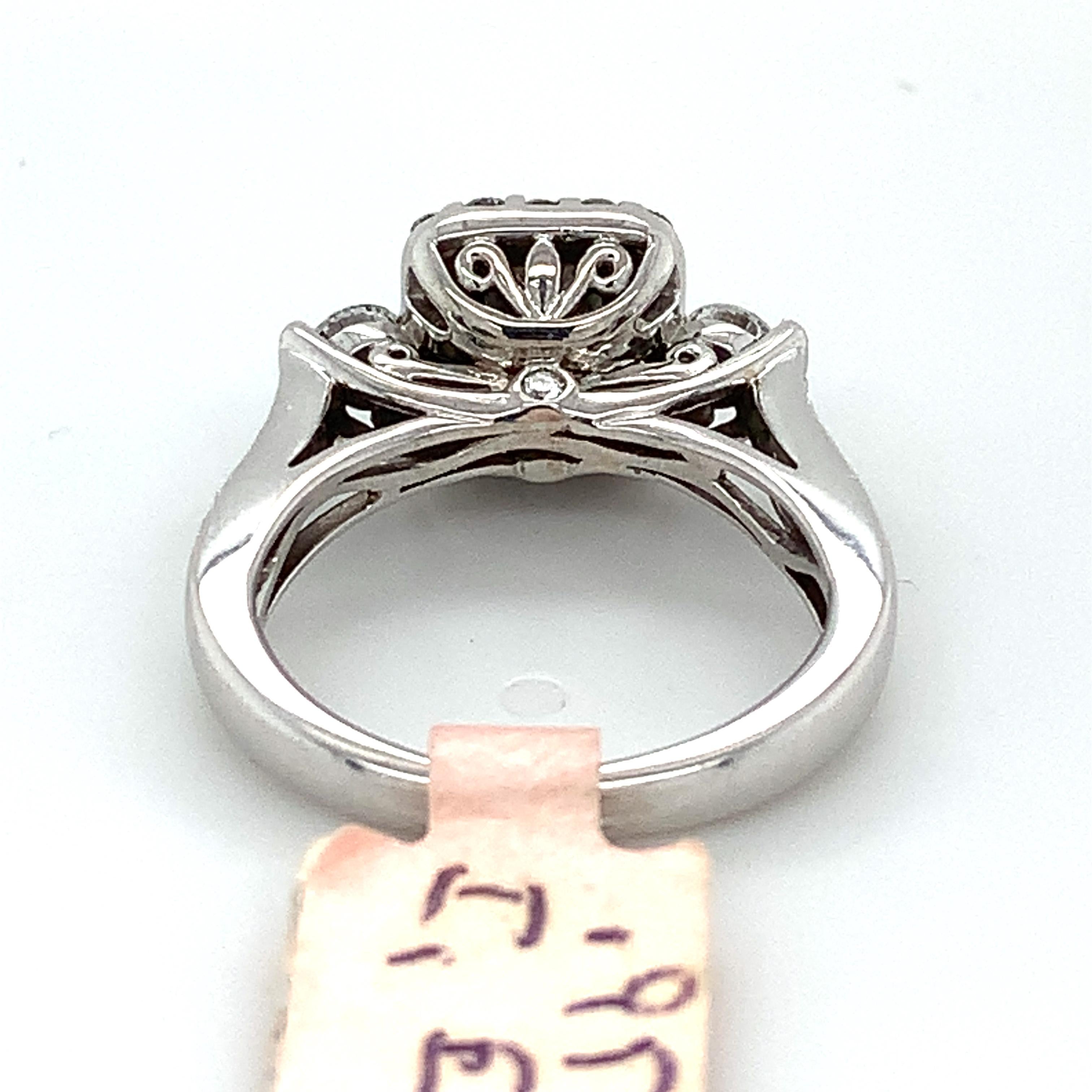GSL 14k White Gold Radiant Diamond 3 Stone W/ Round Diamond Halo Engagement Ring In Good Condition In Montgomery, AL