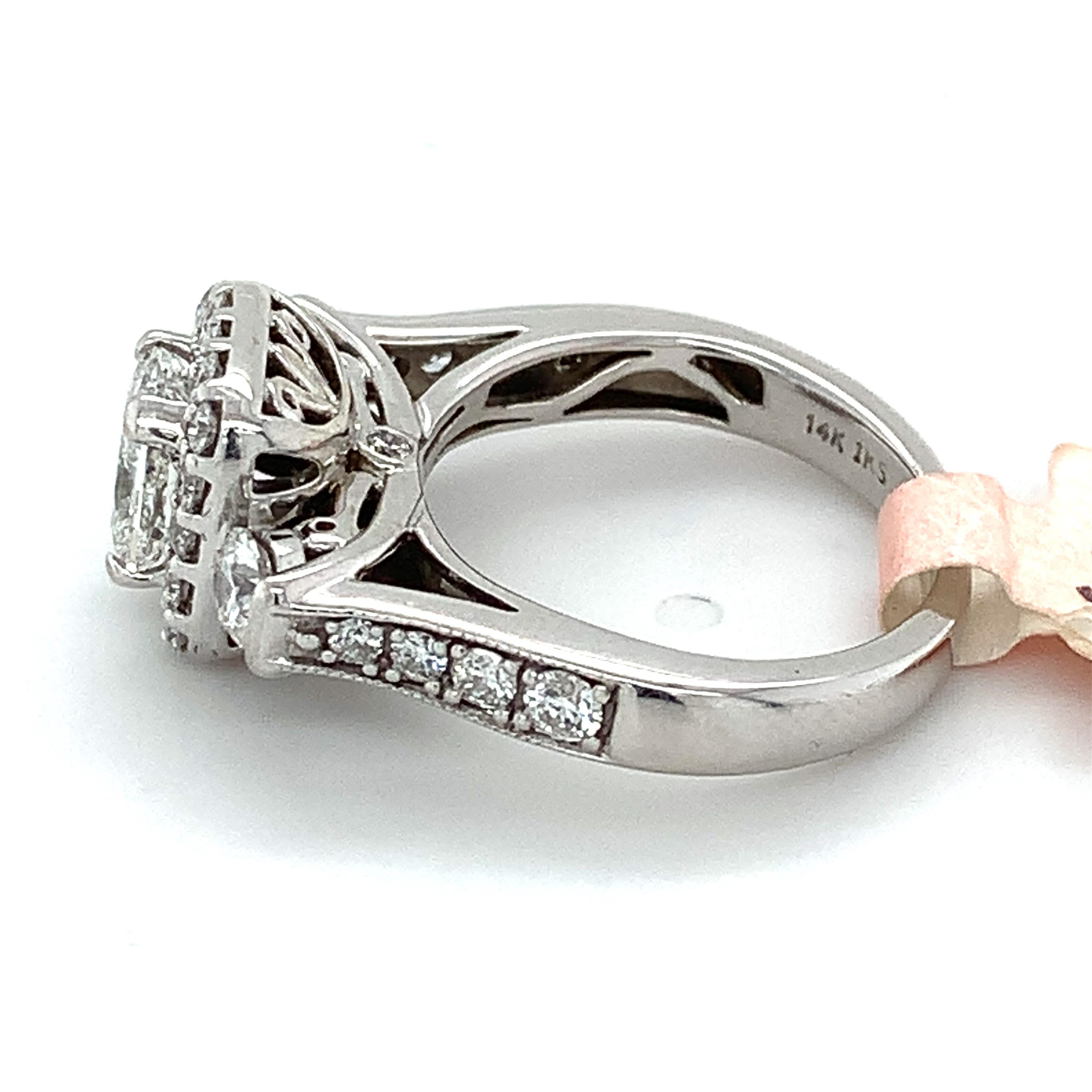 GSL 14k White Gold Radiant Diamond 3 Stone W/ Round Diamond Halo Engagement Ring 1