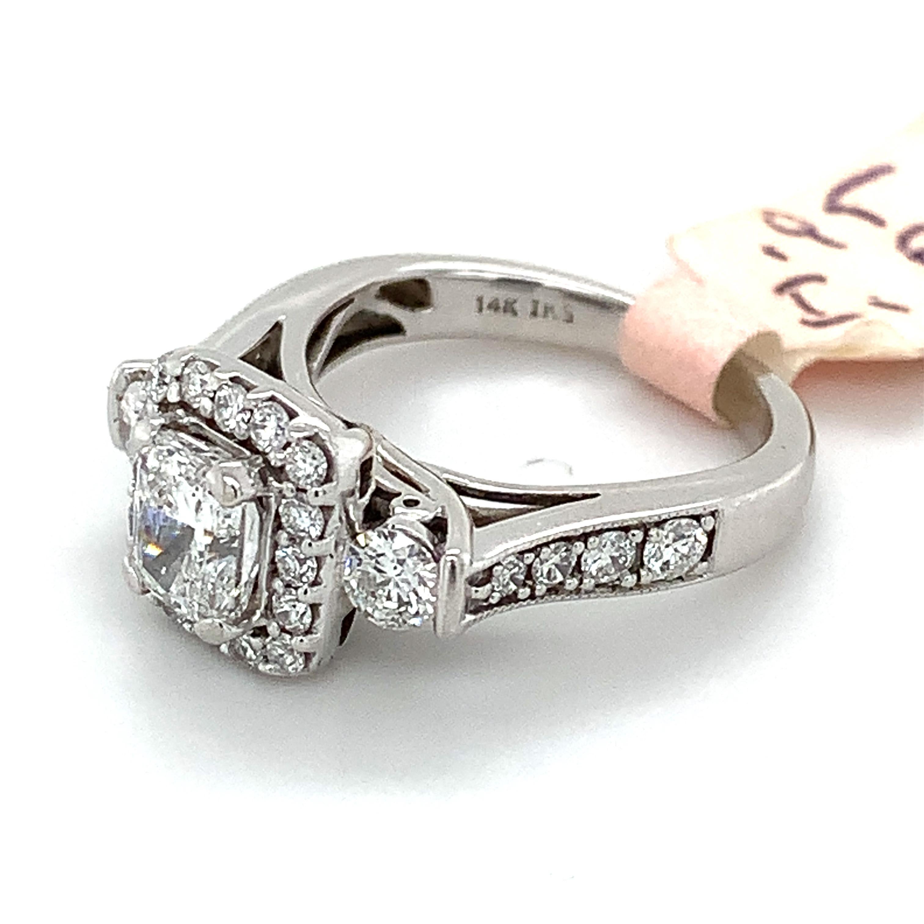 GSL 14k White Gold Radiant Diamond 3 Stone W/ Round Diamond Halo Engagement Ring 2