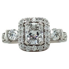 GSL 14k White Gold Radiant Diamond 3 Stone W/ Round Diamond Halo Engagement Ring