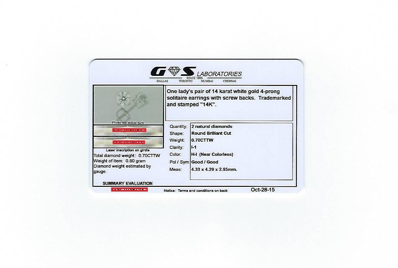 GSL-zertifizierte 0,70 Karat Diamant-Ohrstecker aus Gold im Angebot 1