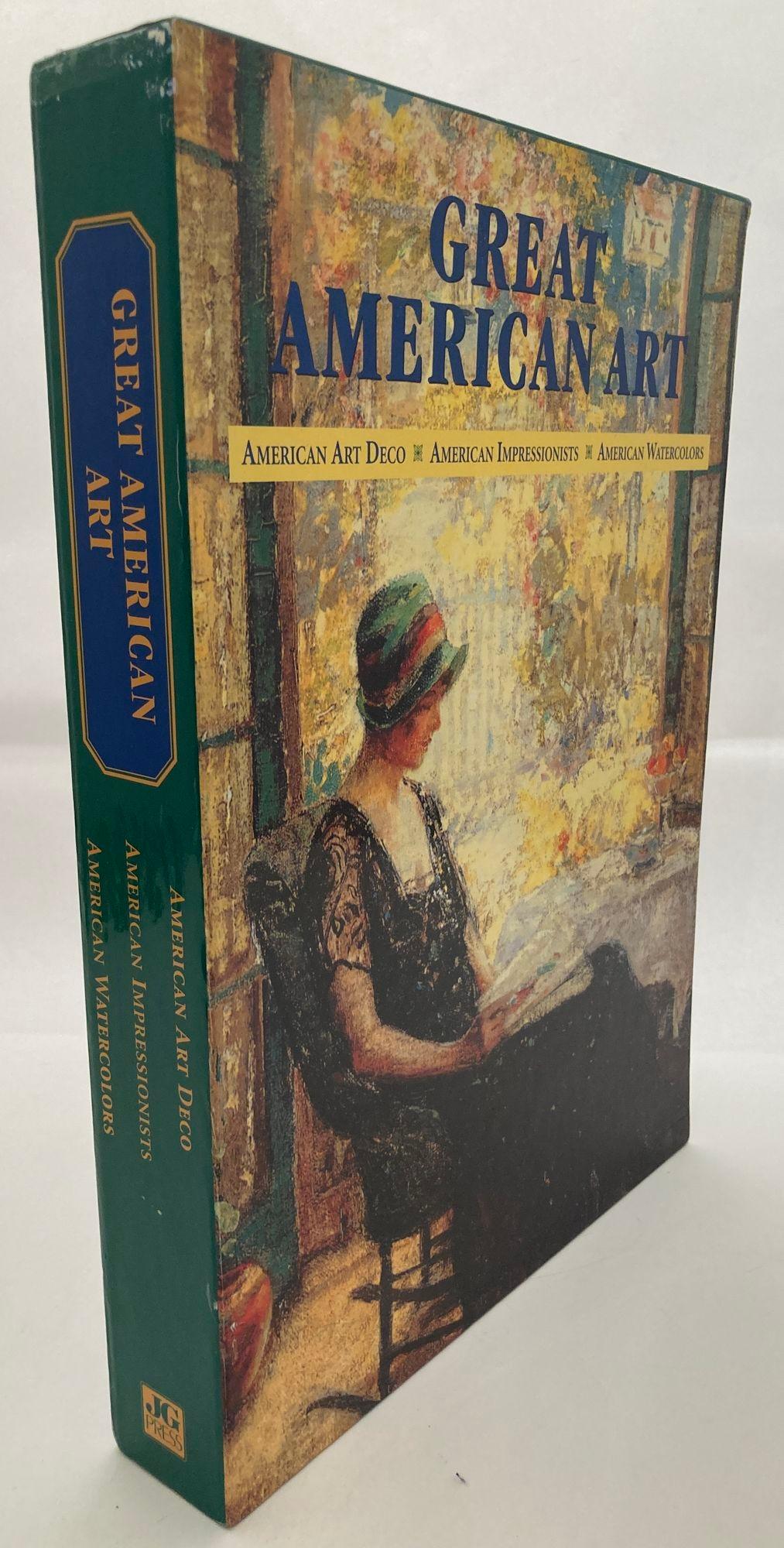 Great American Art. American Art Deco, Impressionists, Watercolors.
Oversize 3 Book Set in Slip Case.
3 Books with dust jackets in good condition.
No markings or writing. tight spines and bindings.
slip cover has minimal shelf and handling