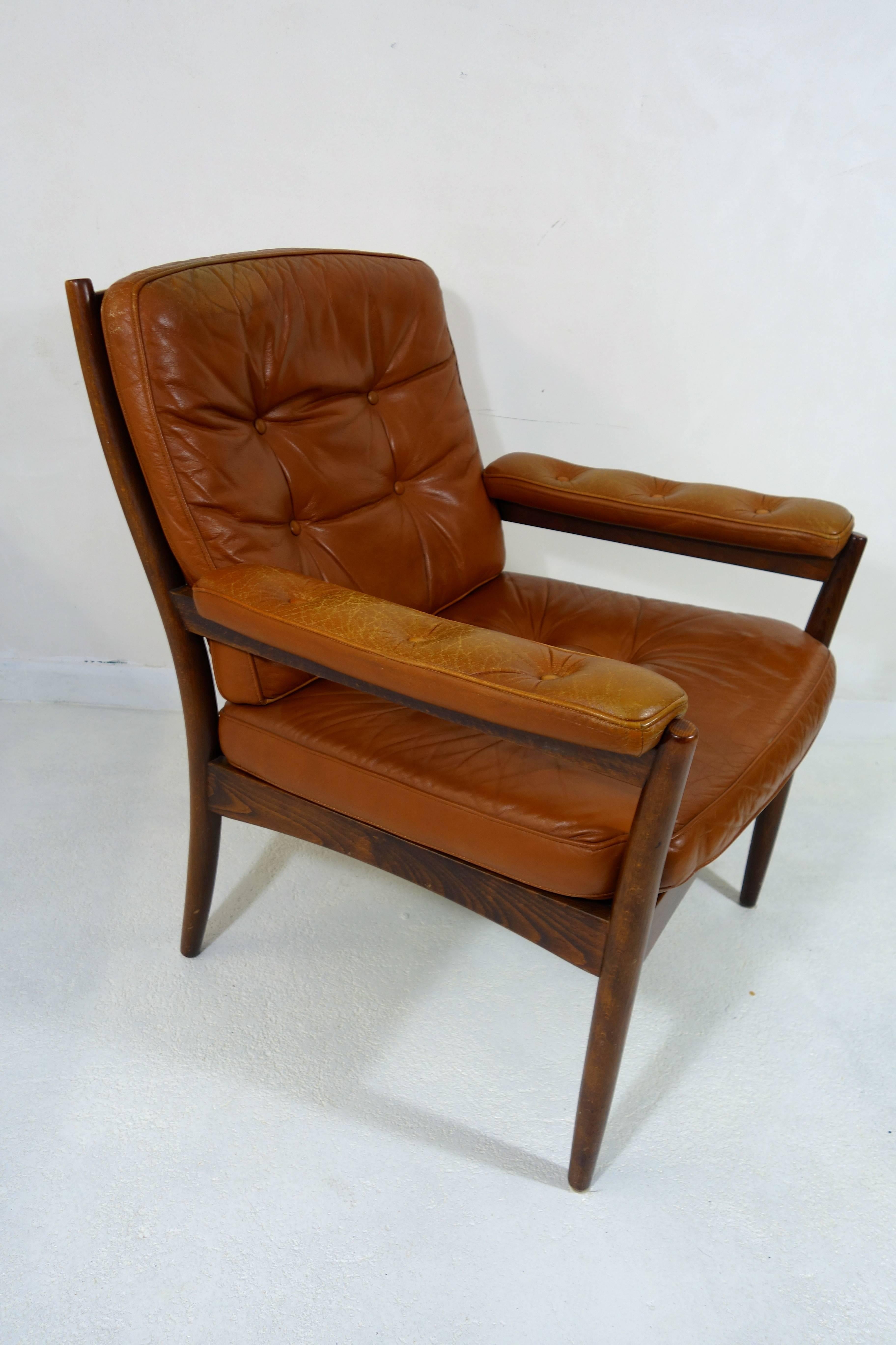 Mid-Century Modern Pair of Midcentury Scandinavian Wood and Leather Armchairs by Gote Möbel 