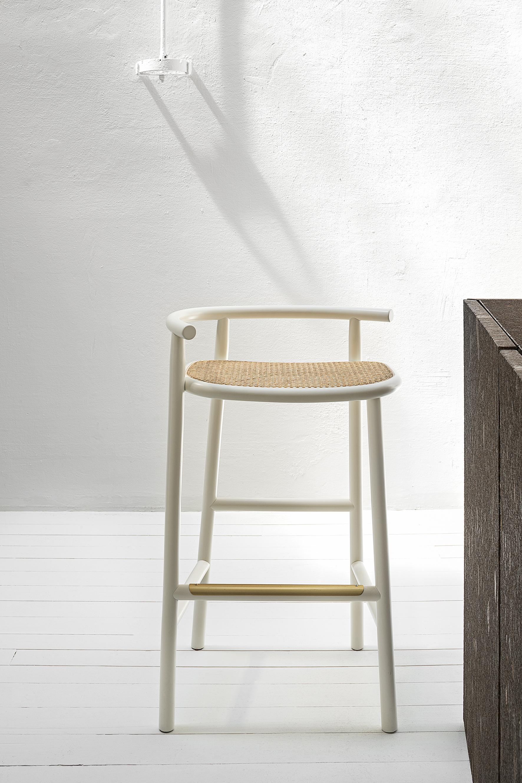 Gebrüder Thonet Vienna GmbH Single Curve Barstool in Beech & Upholstered Cane In New Condition For Sale In Brooklyn, NY