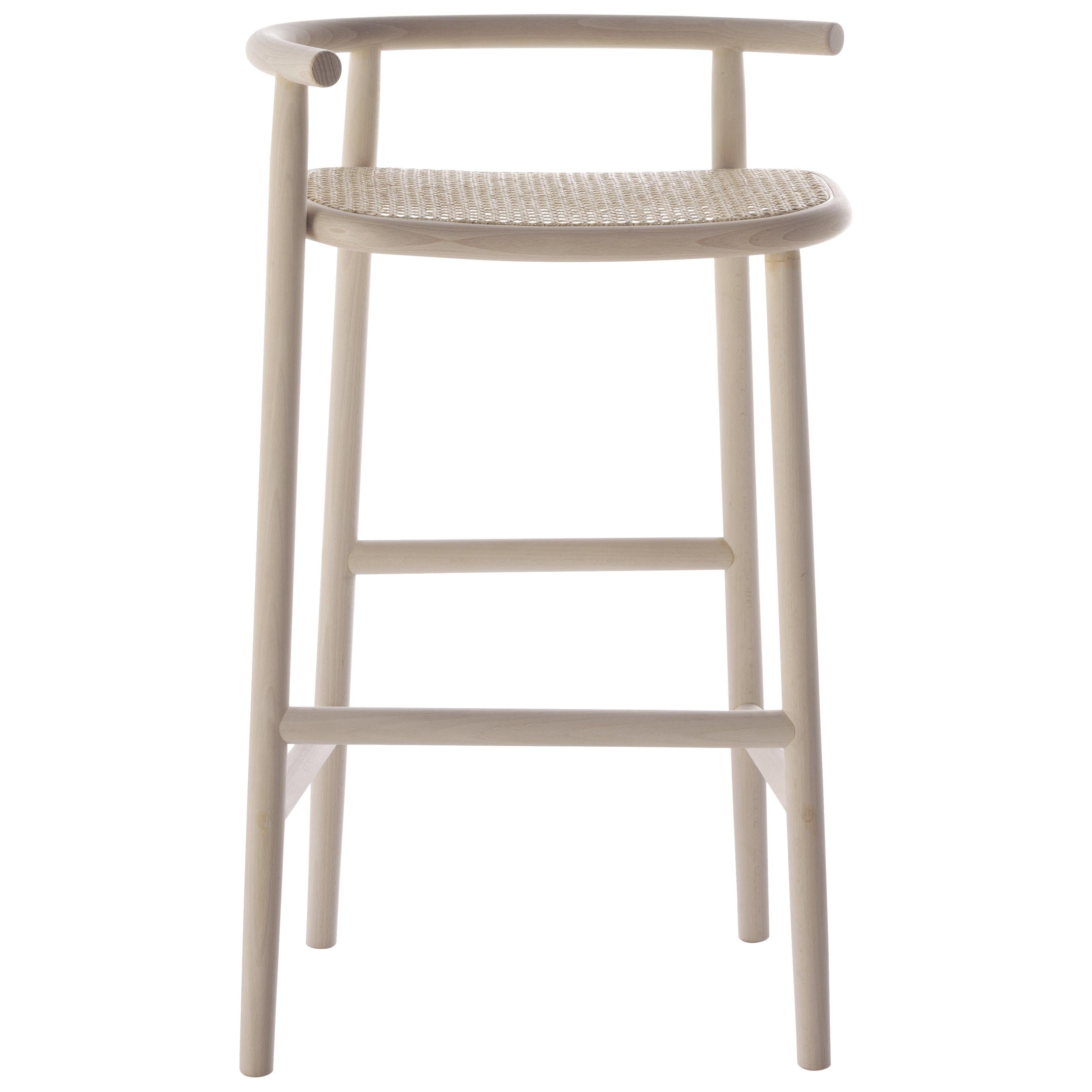 Gebrüder Thonet Vienna GmbH Single Curve Barstool in Beech & Upholstered Cane