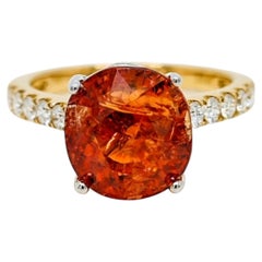 GU Certified 0.75 Carat Fanta Garnet Cushion Diamond Yellow and White Gold Ring
