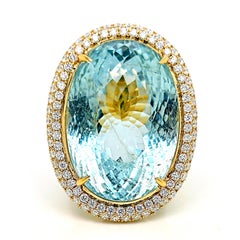 GU Certified 75.87 Carat Aquamarine Round Diamond Yellow Gold Ring
