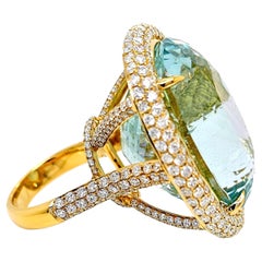 GU Certified 75.87 Carat Aquamarine Round Diamond Yellow Gold Ring