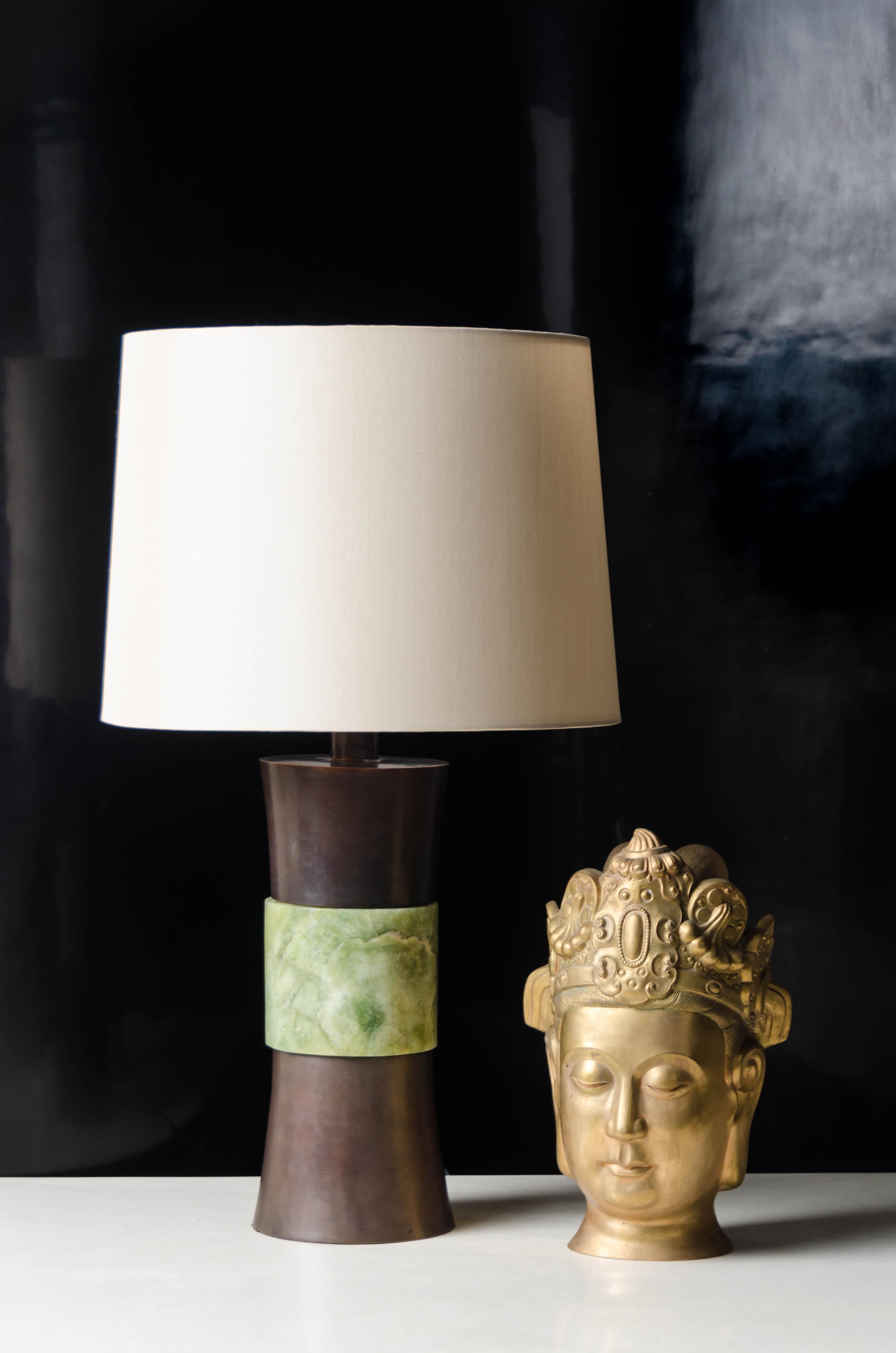 Contemporary Gu Copper Lamp W/ Nephrite Jade by Robert Kuo, Hand Carved, Repousse, Limited For Sale