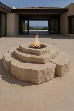 Guachi Fire Table in Puebla Travertine Stone & Stainless Steel by Andres Monnier