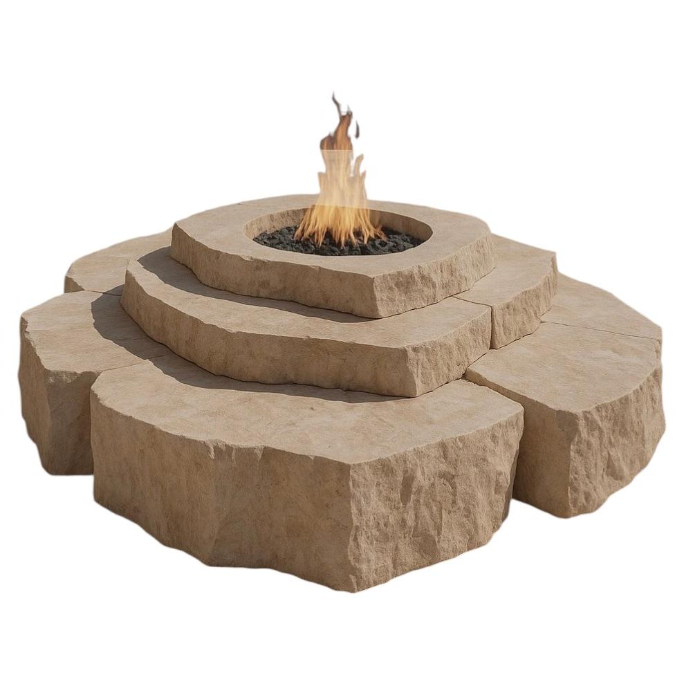 Guachi Fire Table in Puebla Travertine Stone & Stainless Steel by Andres Monnier