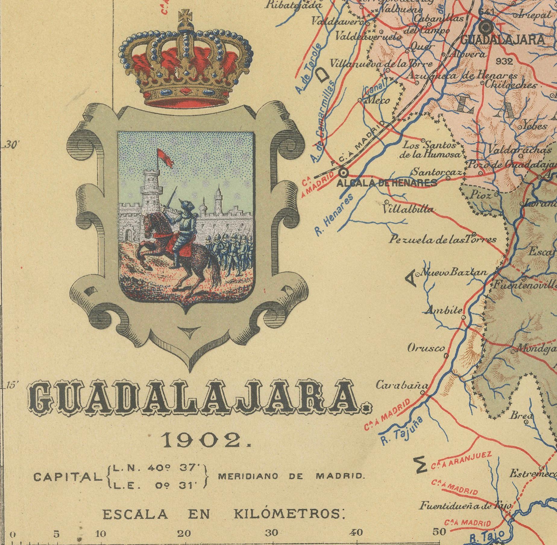 Early 20th Century Guadalajara 1902: A Cartographic Image of Castilla-La Mancha's Northern Province For Sale