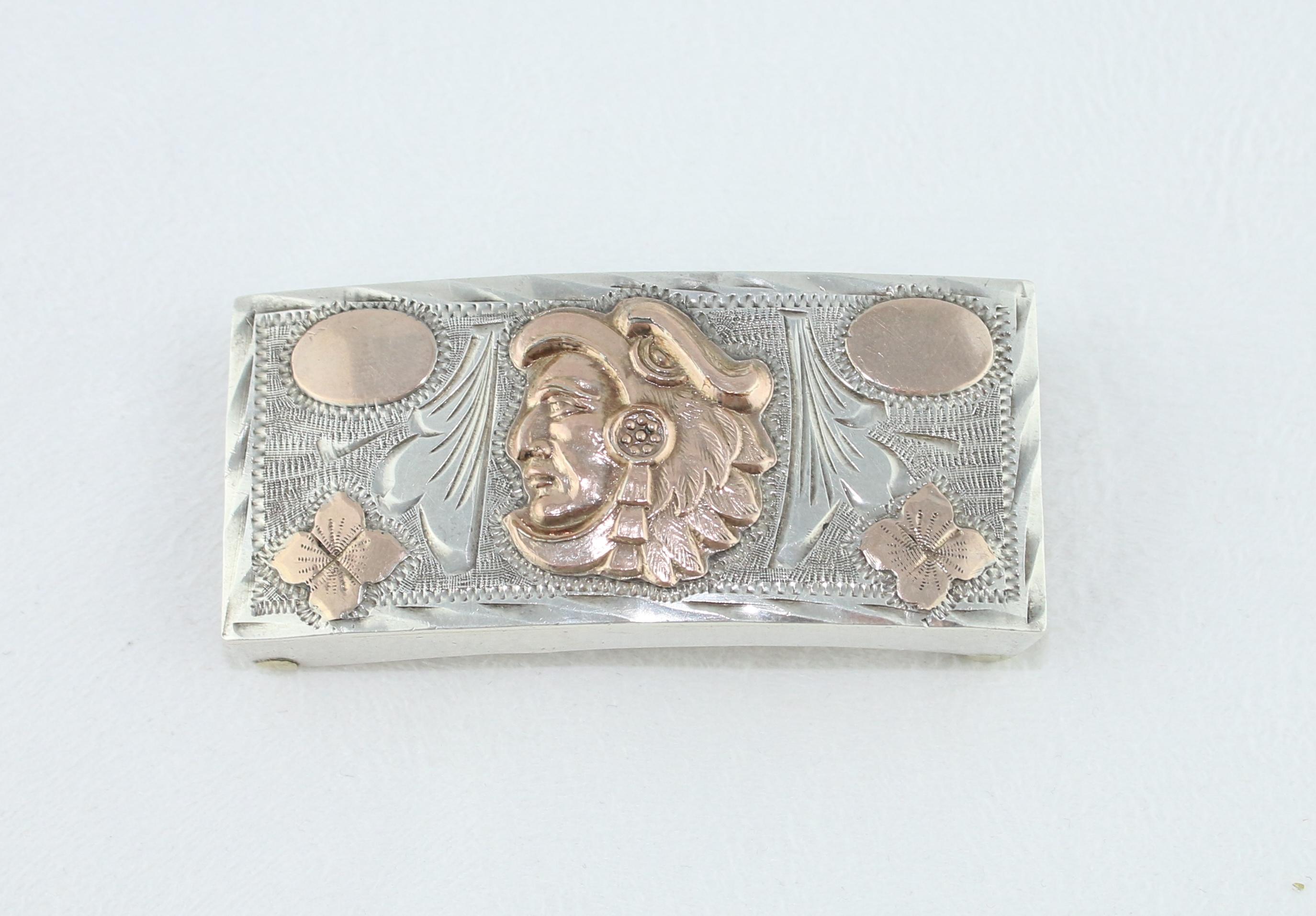 Beautiful Mayan Imagery Belt Buckle
The Belt Buckle is from Guadalajara Mexico by JCL
The buckle is Sterling Silver and 10K Rose Gold
The buckle measures 2.25