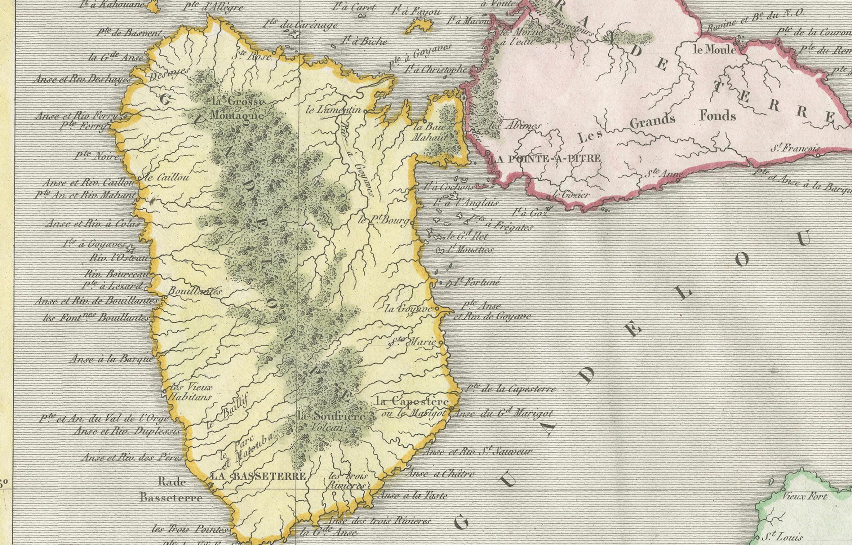 Guadeloupe et dépendances : Carte française du XIXe siècle et encart de Pointe-à-Pitre Bon état - En vente à Langweer, NL