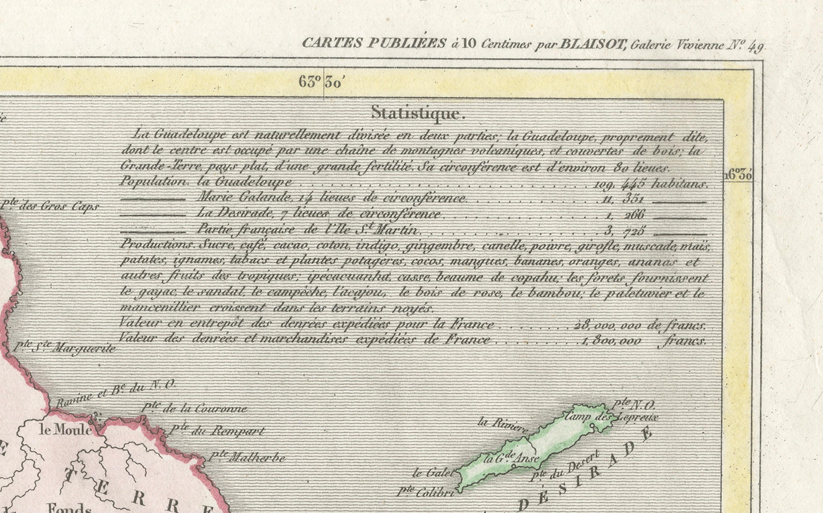 Papier Guadeloupe et dépendances : Carte française du XIXe siècle et encart de Pointe-à-Pitre en vente
