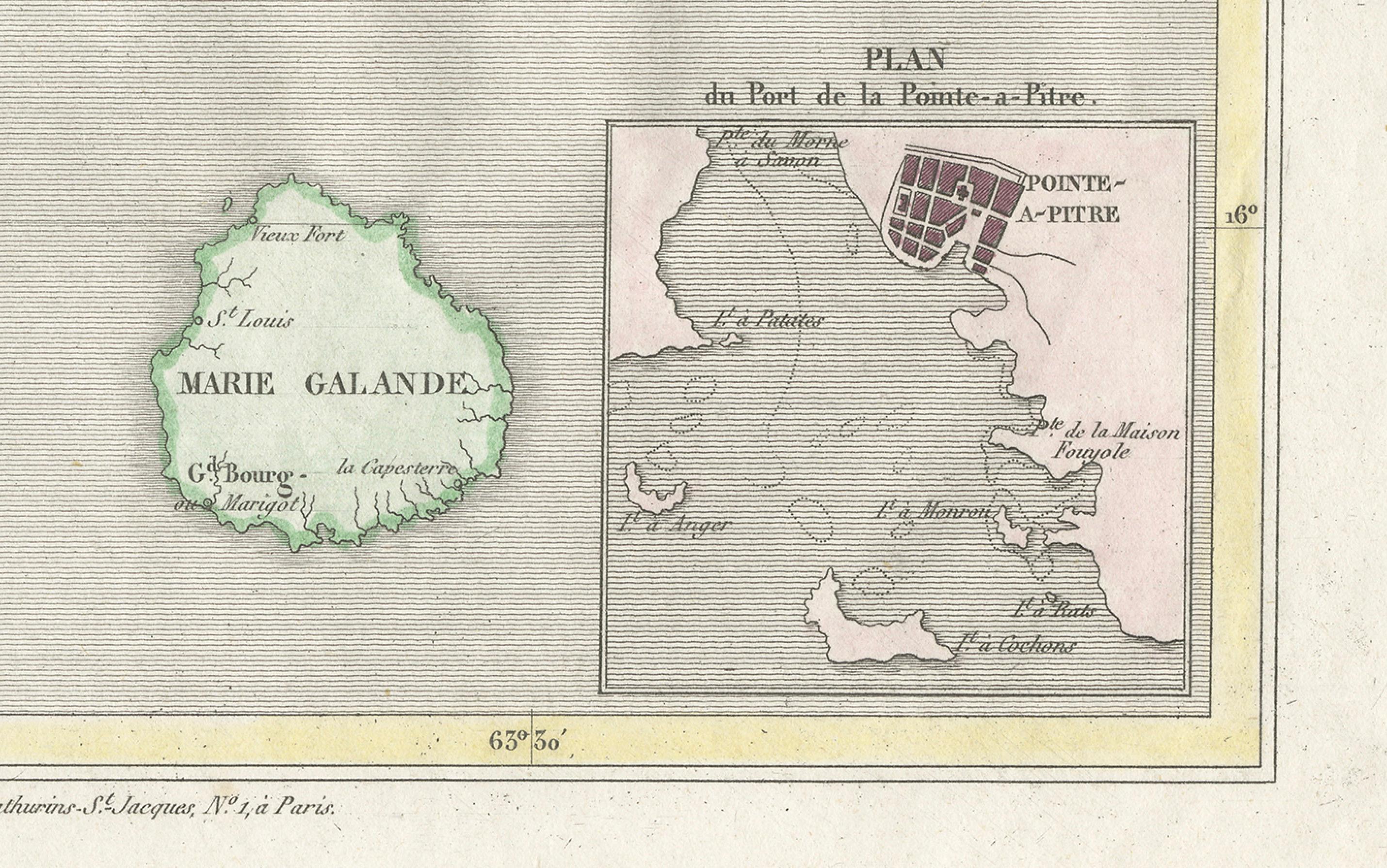 Guadeloupe et dépendances : Carte française du XIXe siècle et encart de Pointe-à-Pitre en vente 1