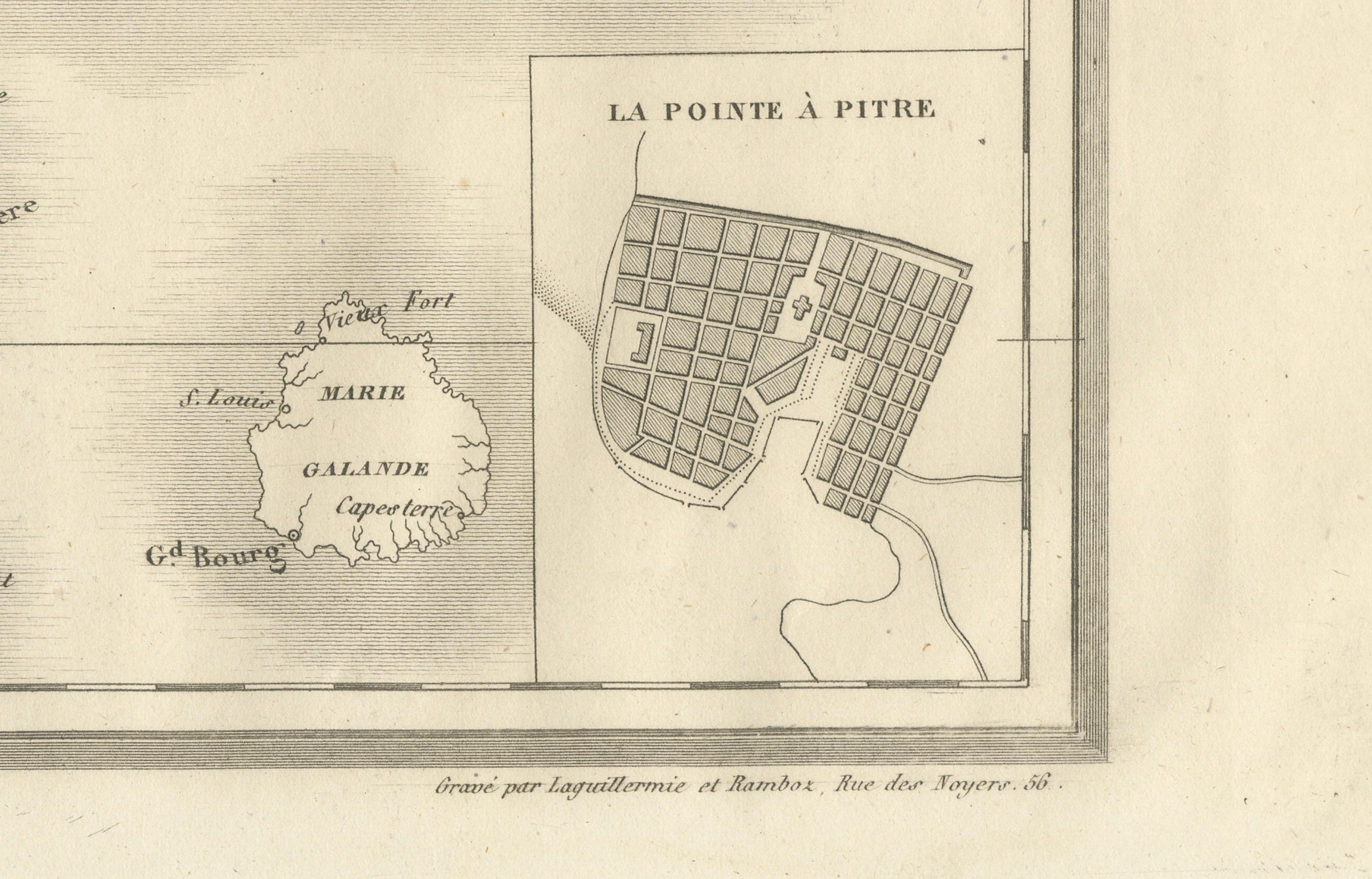 Guadalupa e dipendenze: Mappa della metà del XIX secolo dalla serie France Pittoresque In condizioni buone in vendita a Langweer, NL