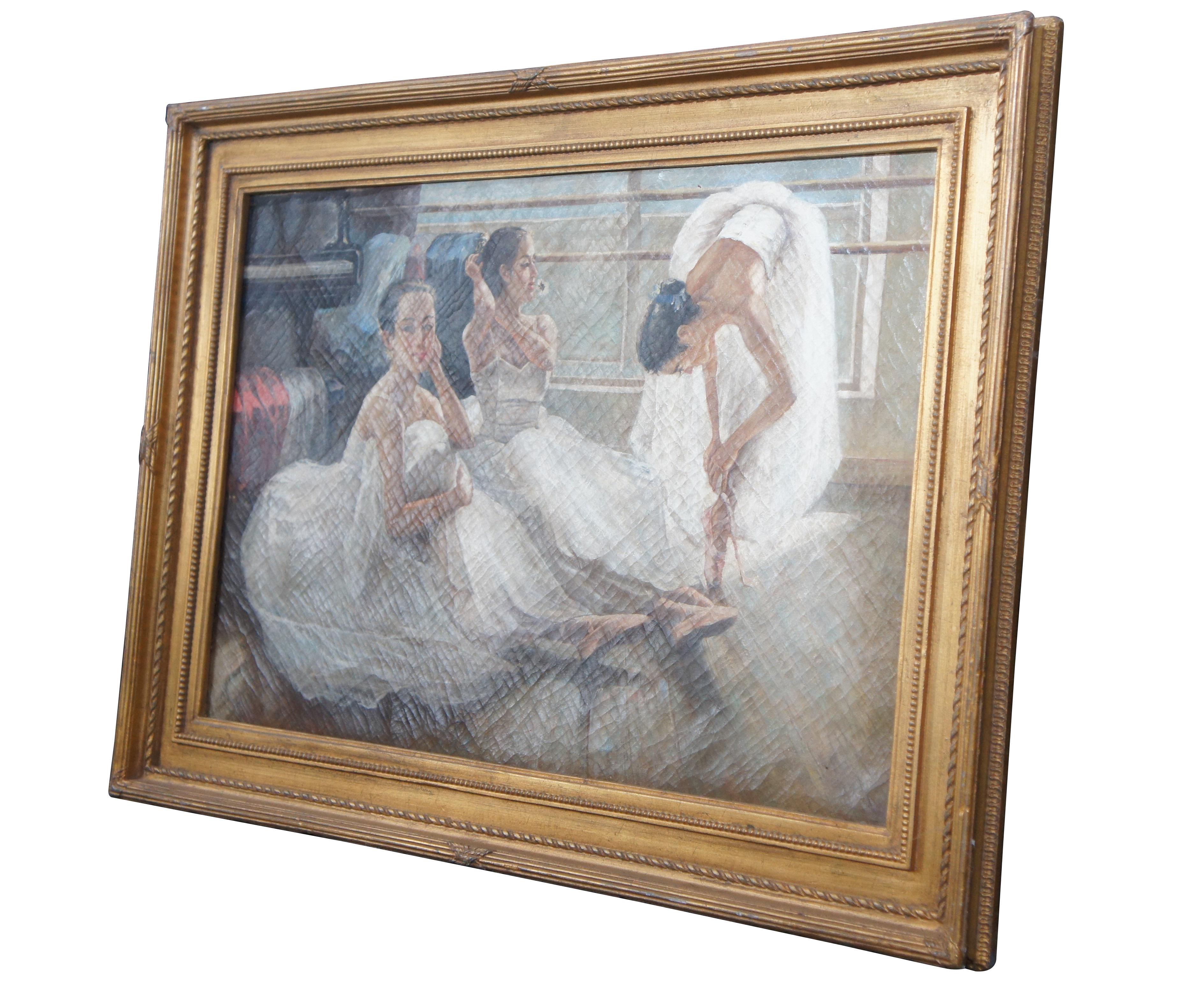 A large Impressionist oil painting of three ballerinas in the studio by Guan Zeju, circa late 20th century.   The beautiful painting depicts one ballerina facing the artist, another fixing her hair with a daisy in her mouth, and the other lacing her