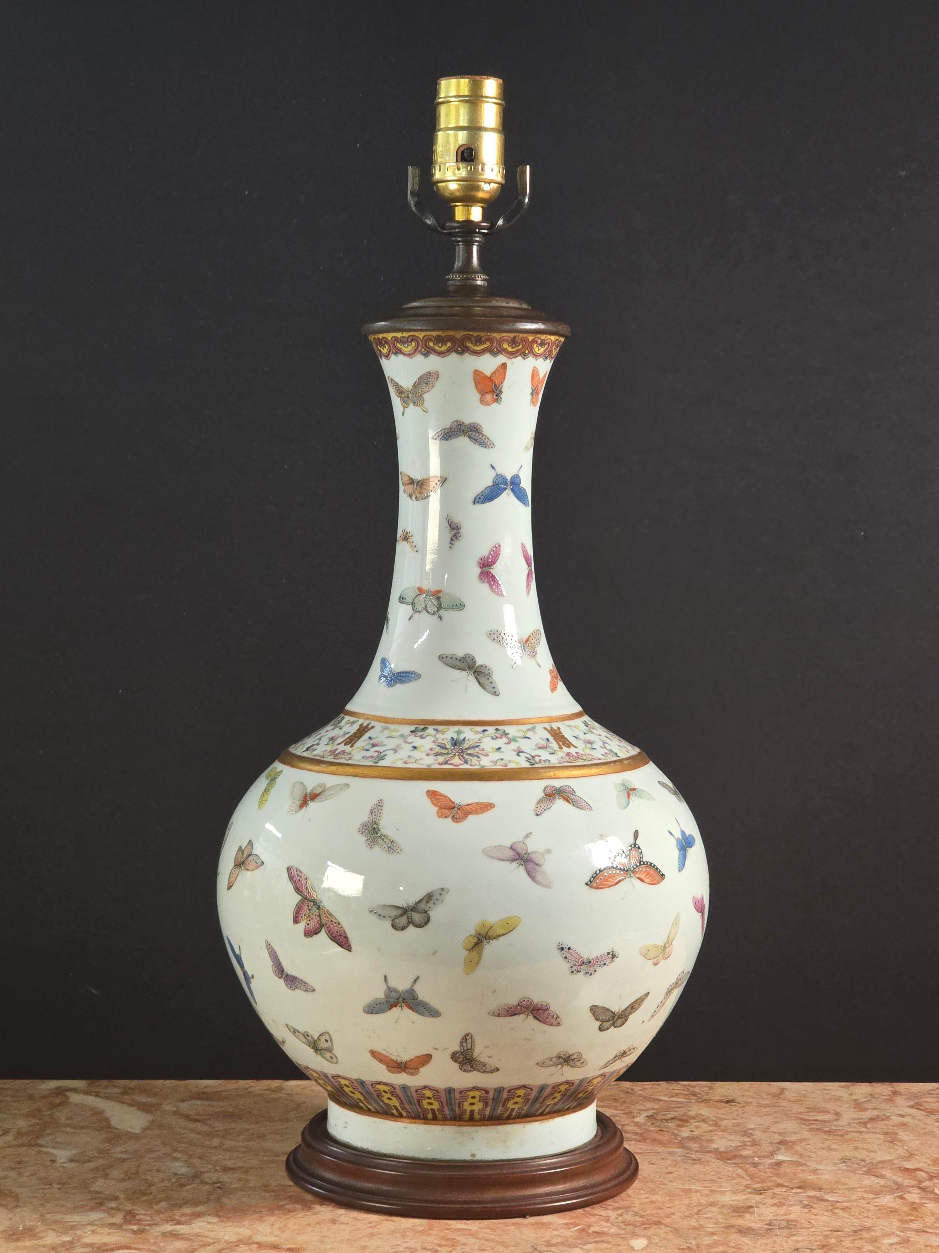 Gilt Guangxu Famille Rose Butterfly Vase with Turned Rosewood Base, Later Lamp For Sale