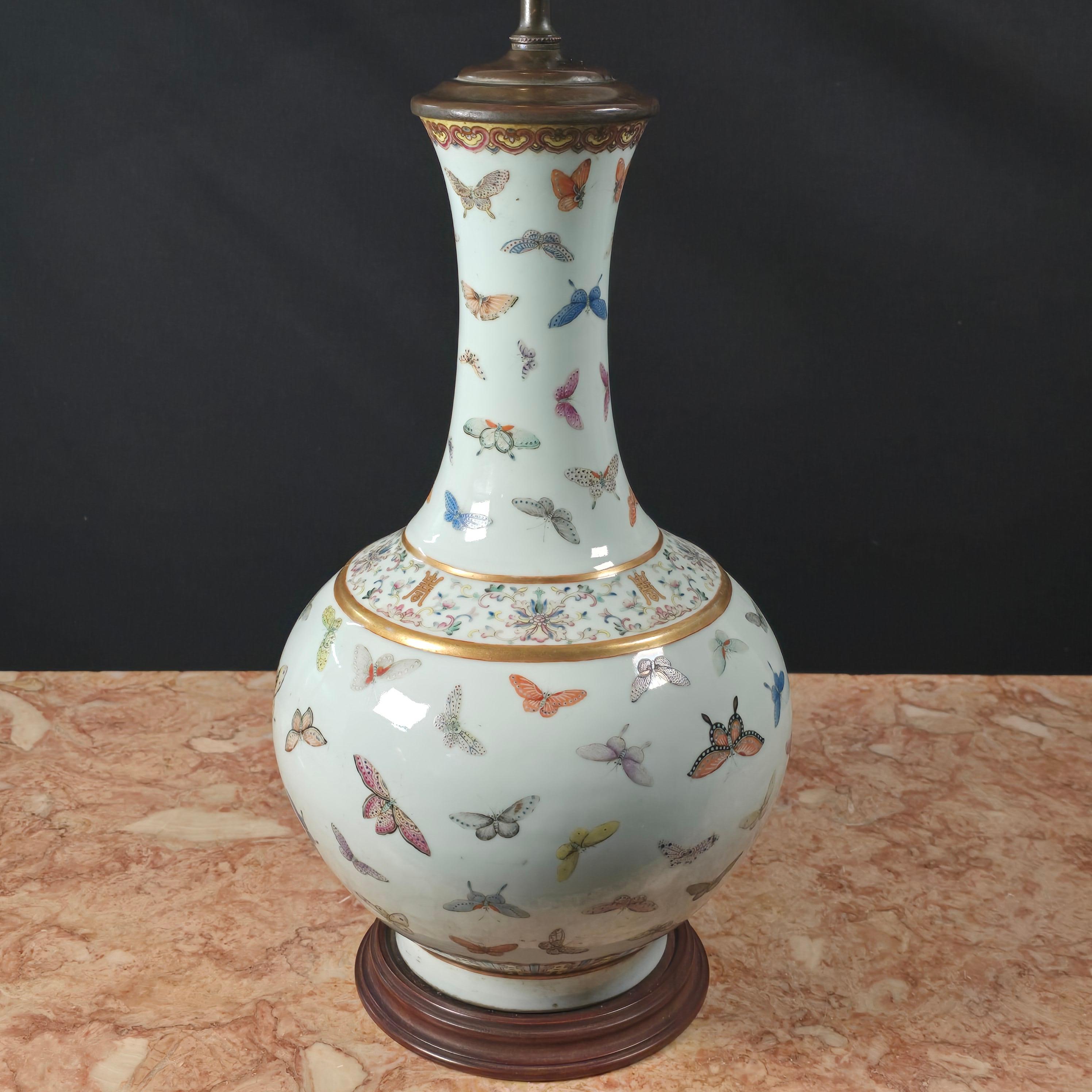 Guangxu Famille Rose Butterfly Vase with Turned Rosewood Base, Later Lamp In Good Condition For Sale In Kilmarnock, VA