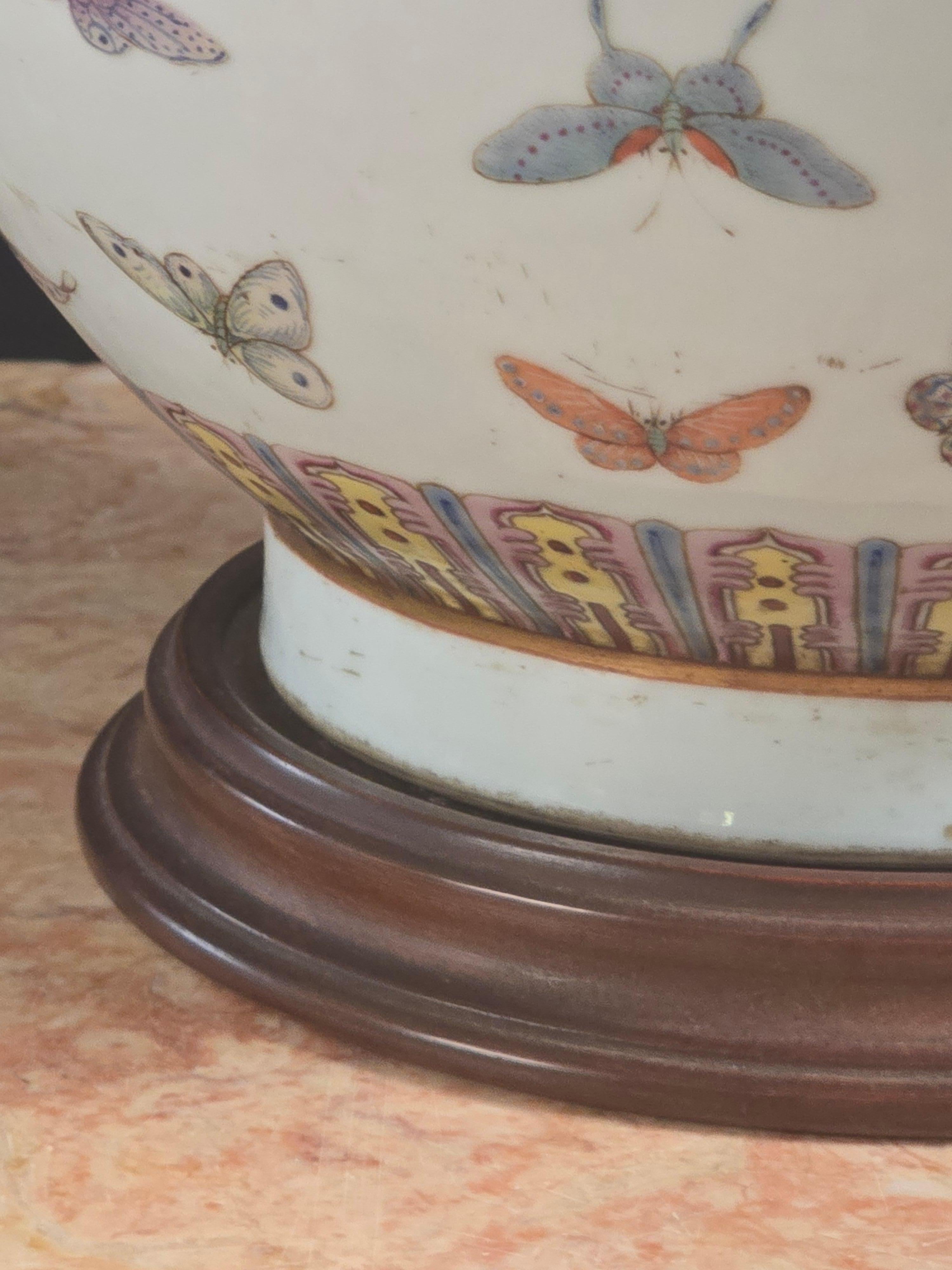 19th Century Guangxu Famille Rose Butterfly Vase with Turned Rosewood Base, Later Lamp For Sale