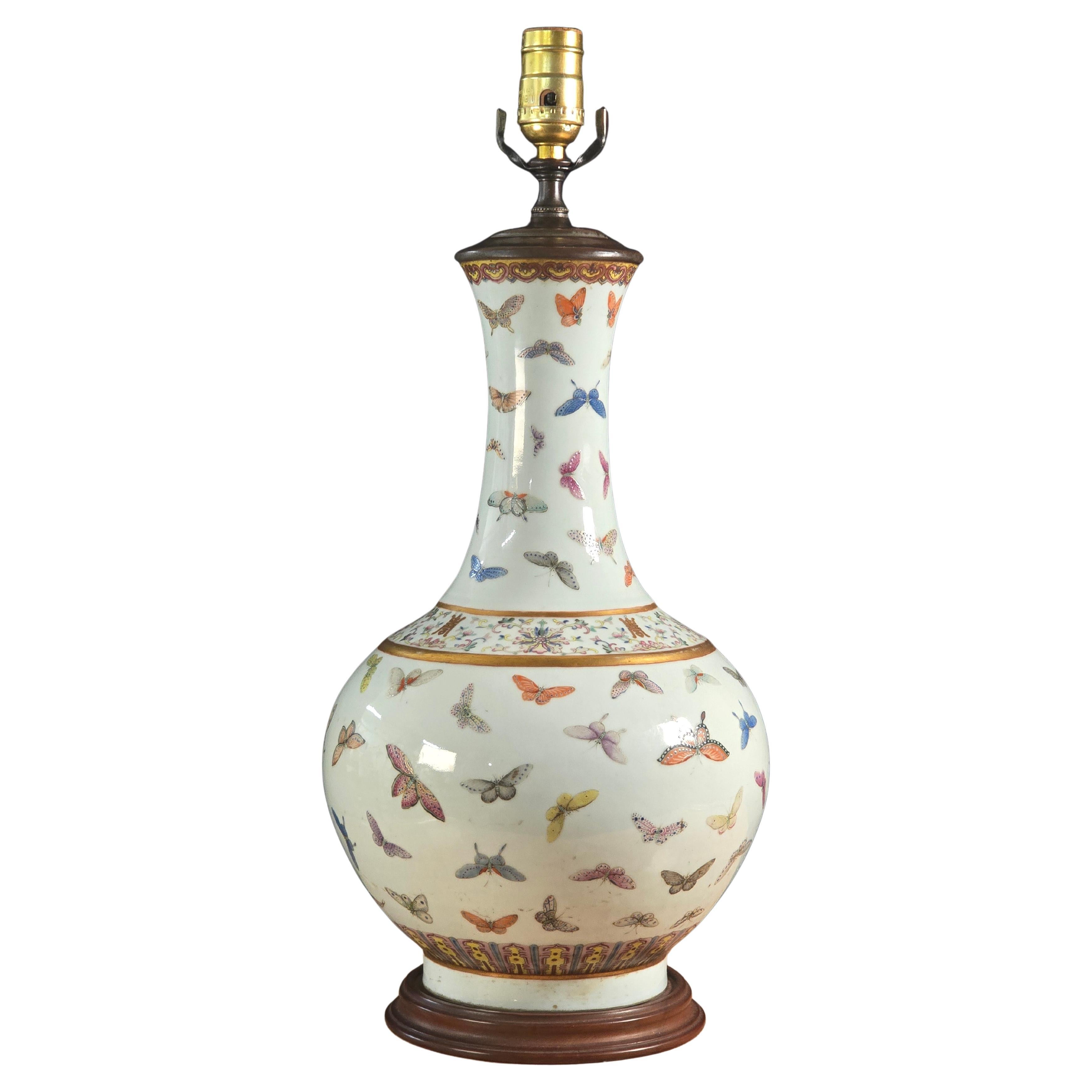 Guangxu Famille Rose Butterfly Vase with Turned Rosewood Base, Later Lamp For Sale