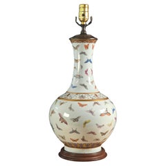 Guangxu Famille Rose Butterfly Vase with Turned Rosewood Base, Later Lamp