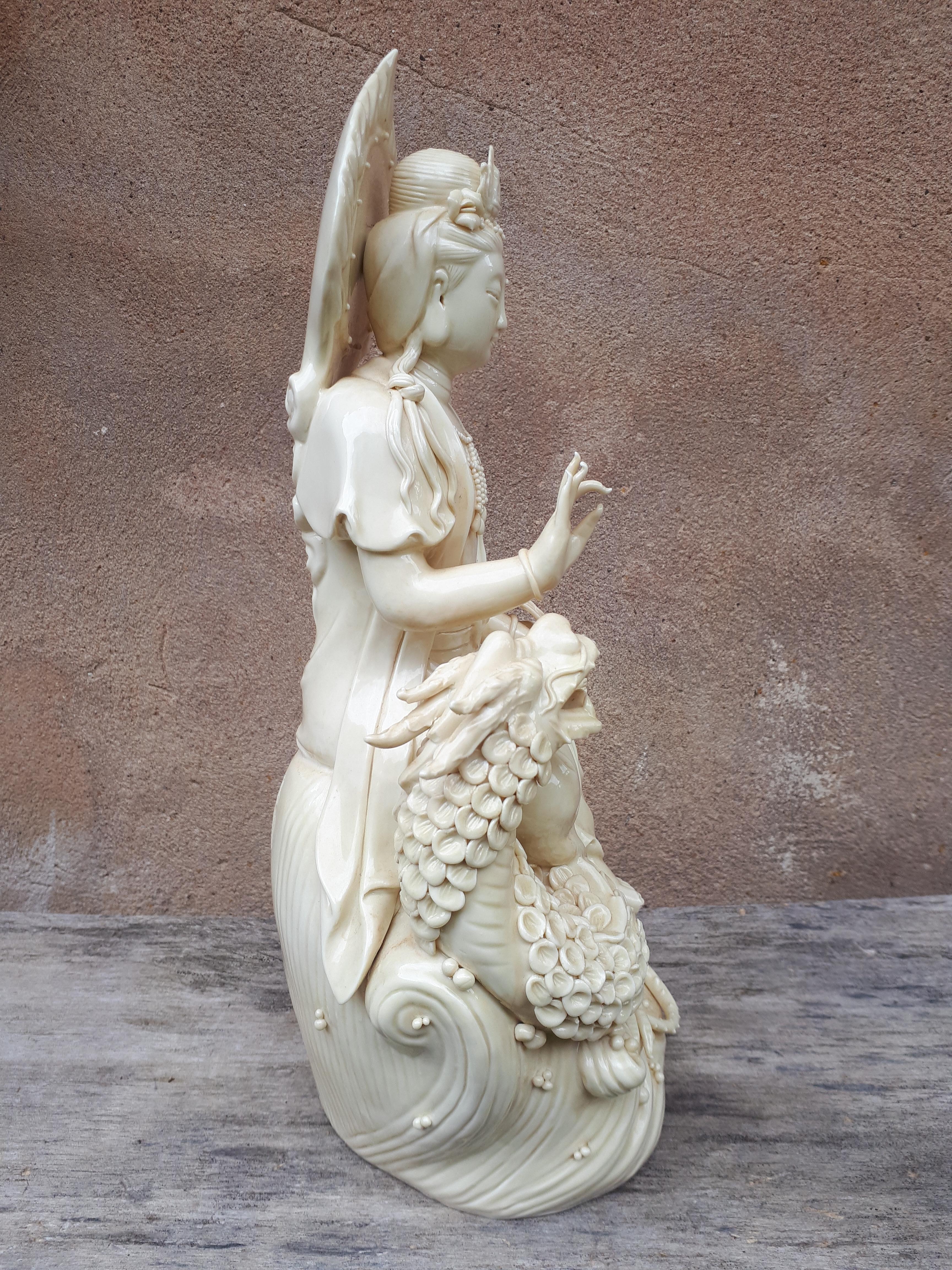 Glazed Guanyin Blanc De Chine Statue, Republic Period For Sale