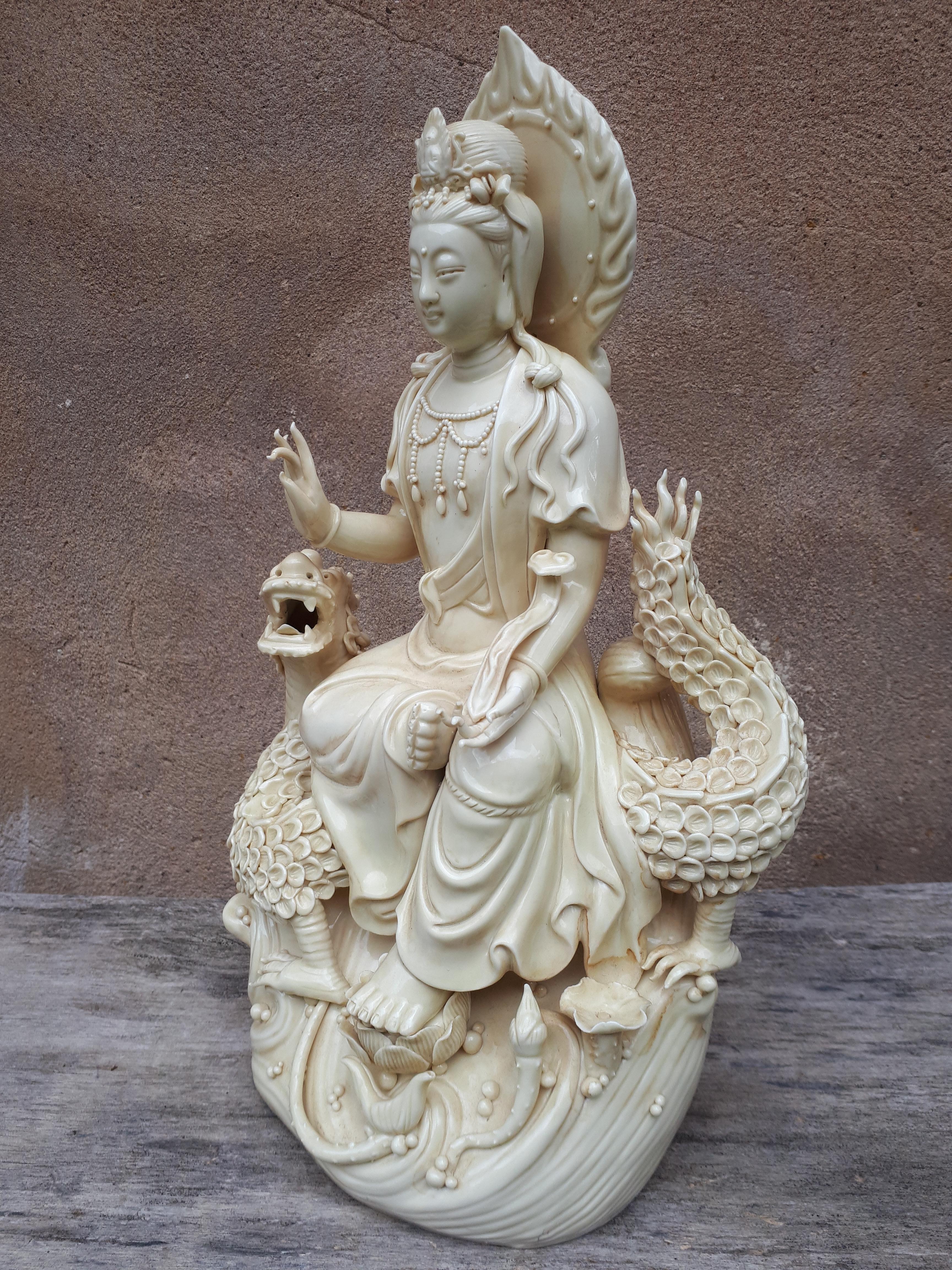 Porcelain Guanyin Blanc De Chine Statue, Republic Period For Sale