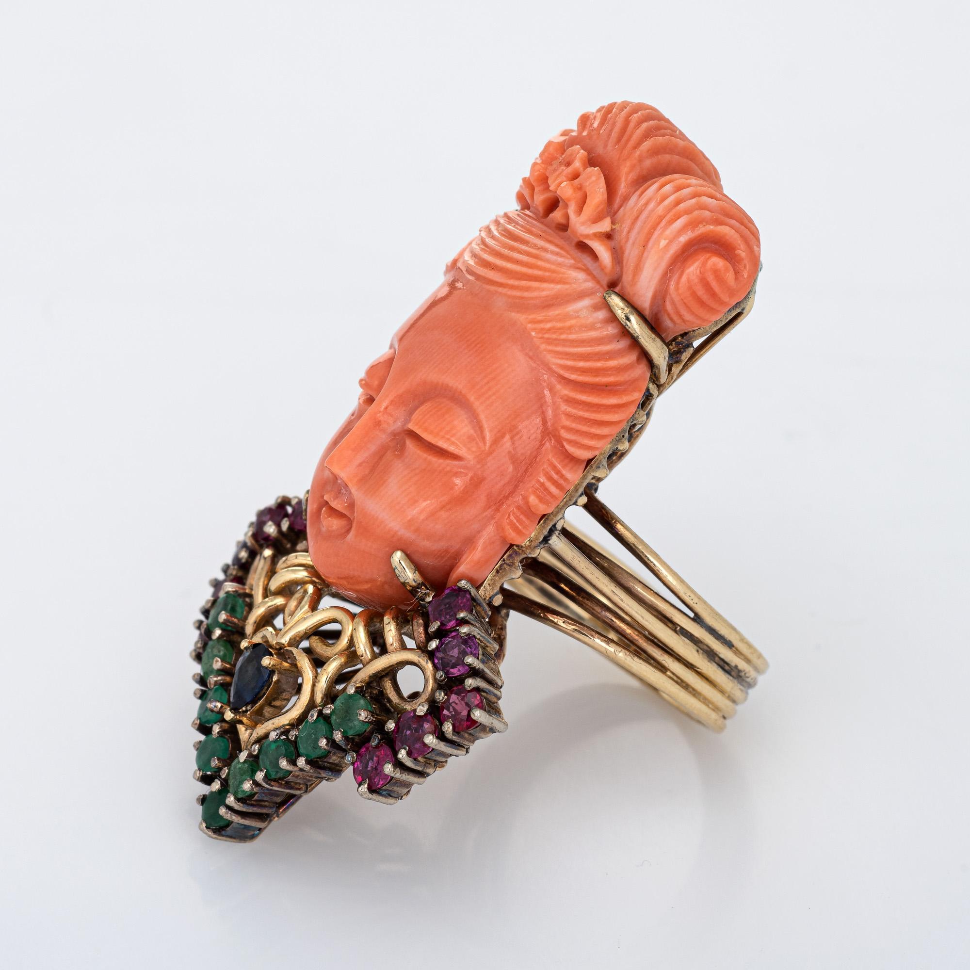 Modern Guanyin Goddess Ring Carved Coral Gemstone Vintage 14 Karat Yellow Gold Cocktail For Sale