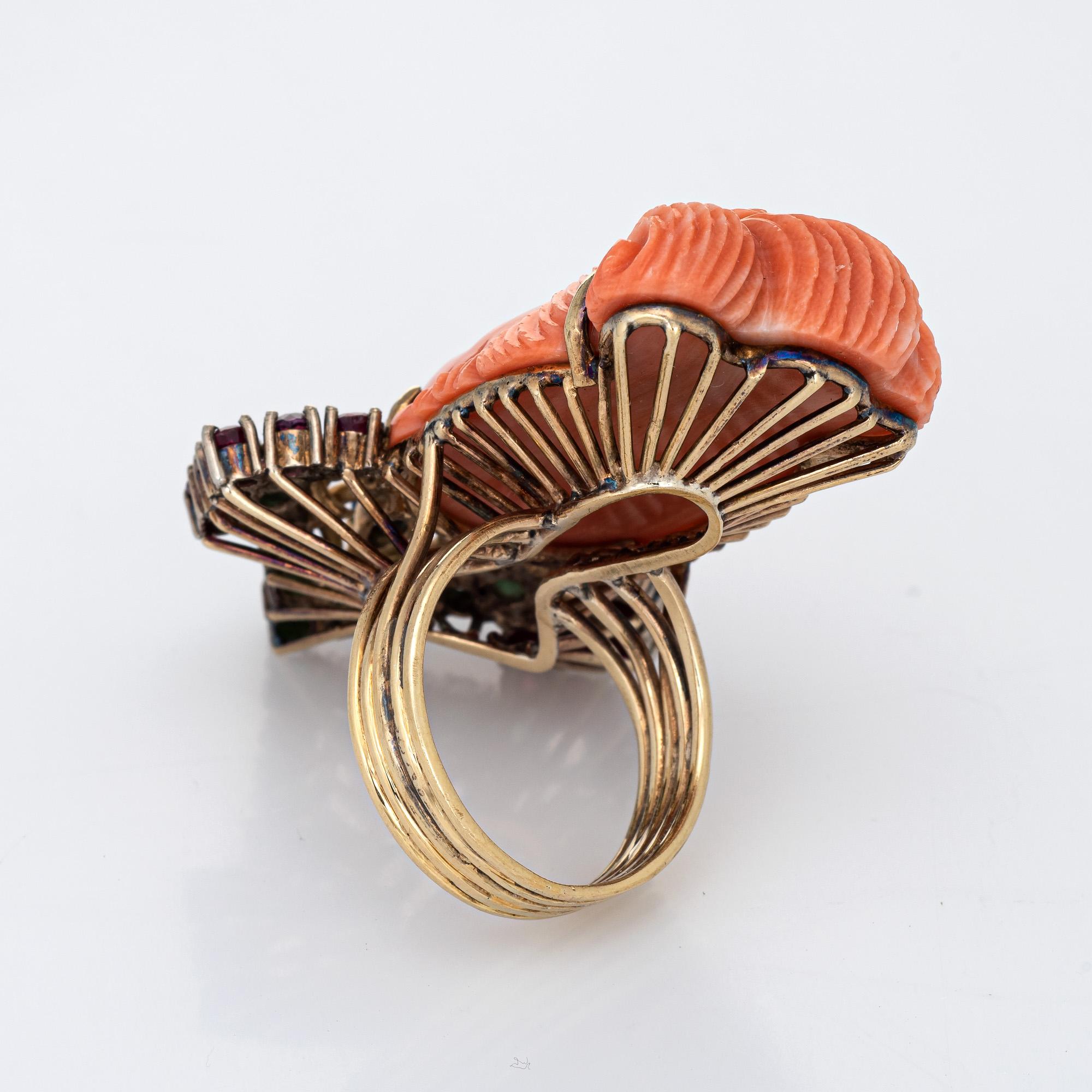 Cabochon Guanyin Goddess Ring Carved Coral Gemstone Vintage 14 Karat Yellow Gold Cocktail For Sale