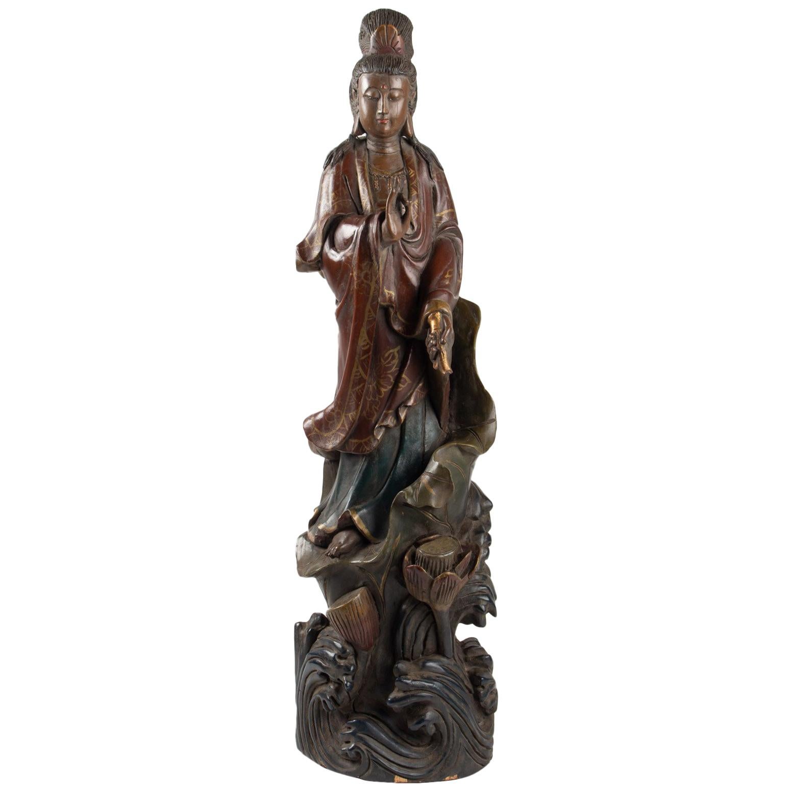 Guanyin in Carved Wood and Polichrome, China, Early 20th Century, Asian Art