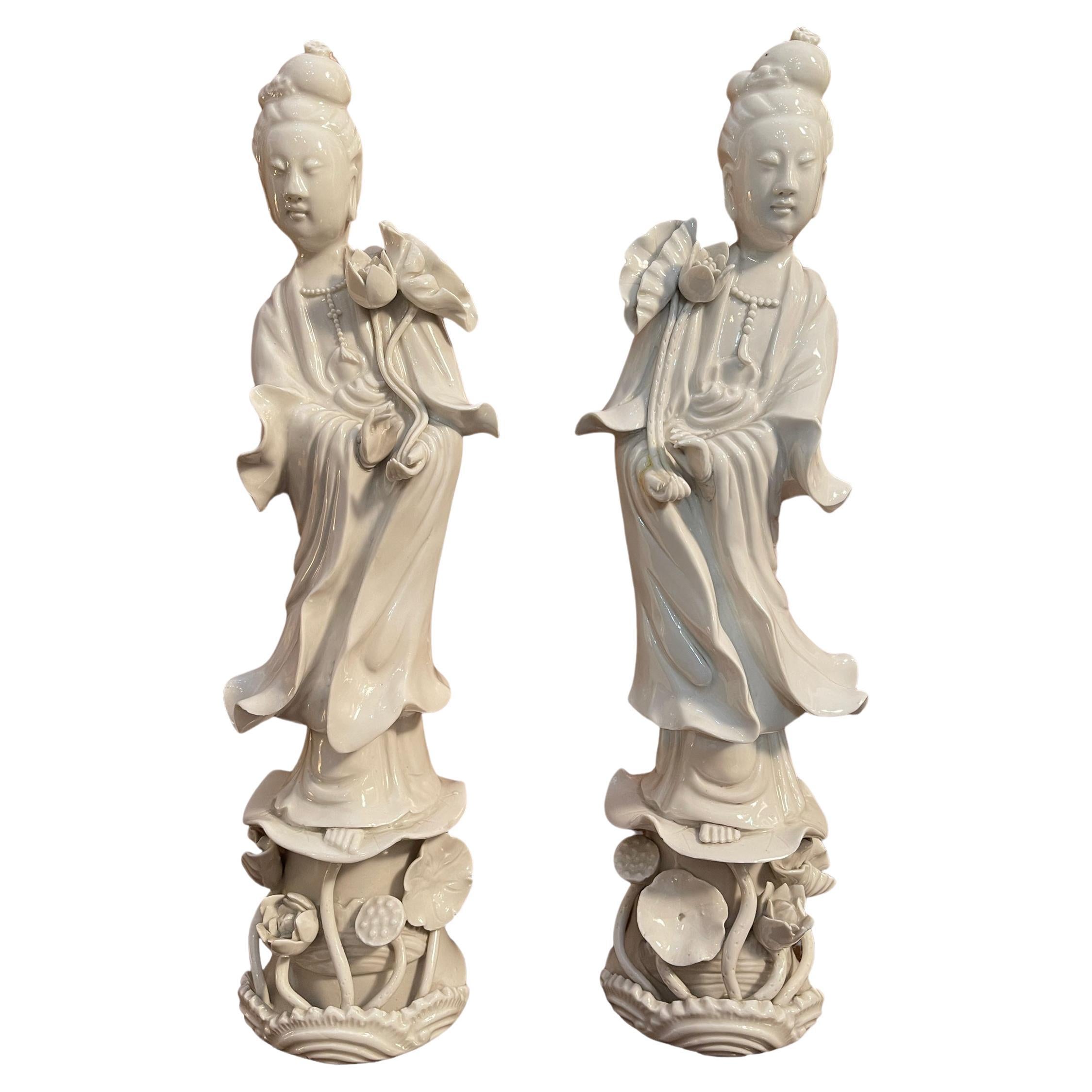 Guanyin pair, ceramic statues, China, 19th century For Sale