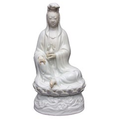 Used Guanyin Sitting on a Lotus Flower in Blanc De Chine Chinese Figure