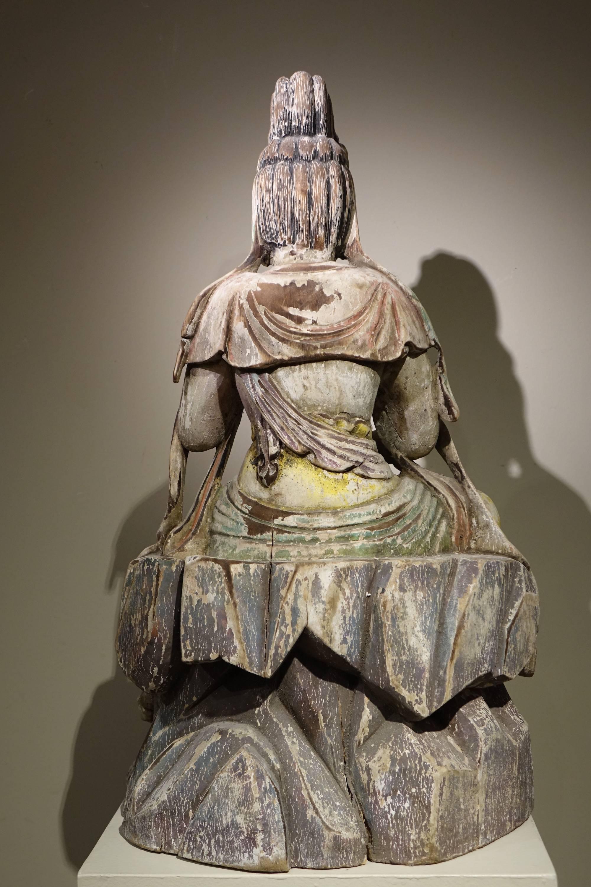 Wood Guanyin, the Chinese Form of the Bodhisattva, Ming Style, China, 19th Century For Sale