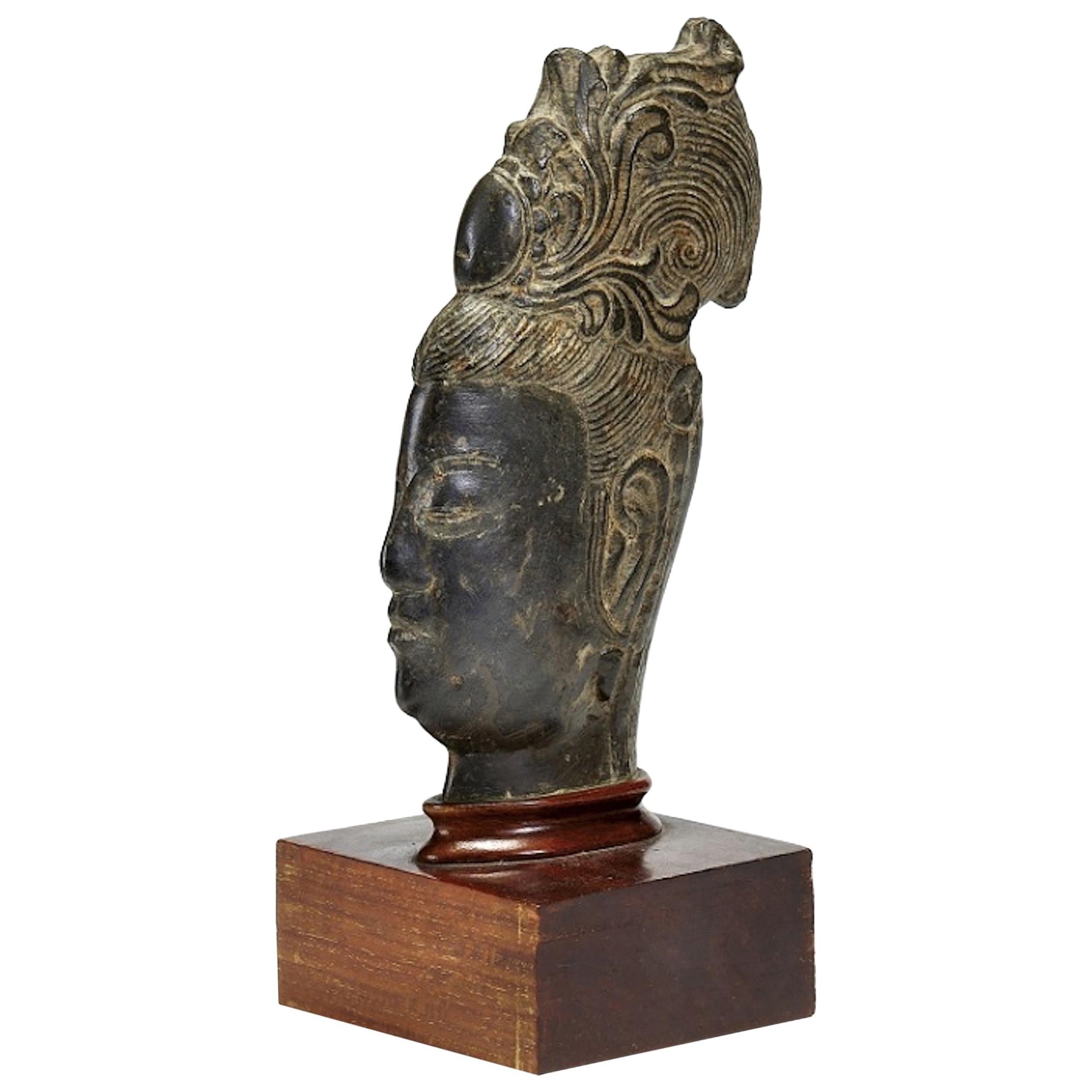 Guanyin's Head, Original Stone Sculpture by Chinese Master, Early 20th Century