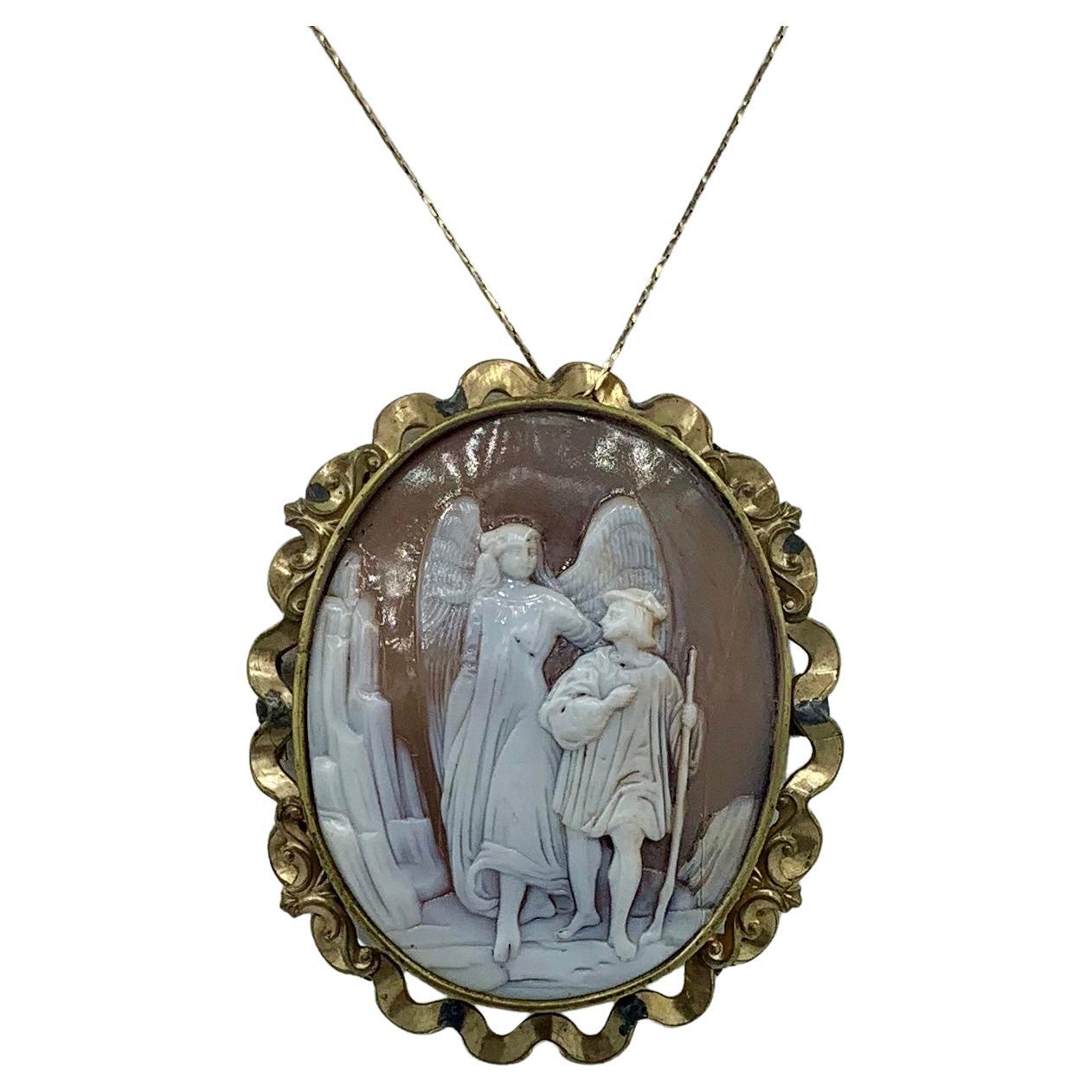 Guardian Angel and Child Cameo Pendant Brooch Necklace Antique Victorian Rare For Sale