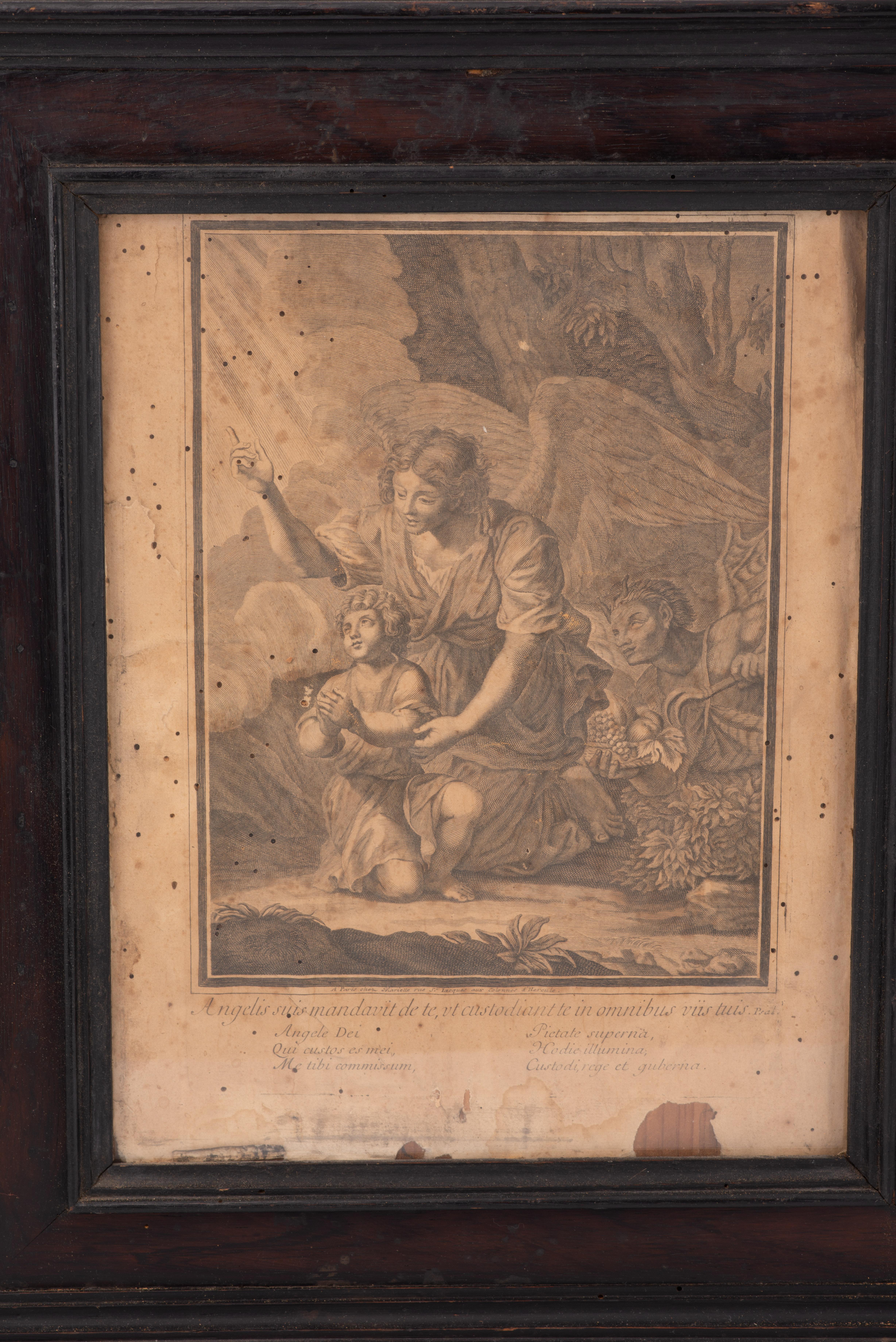 Guardian angel. Framed engraving. MARIETTE, Pierre. Paris, France, 17th century. 
It shows damage and marks. Inscription on the back. 
Framed engraving showing a scene with an angel accompanying and directing a figure to separate it from evil,